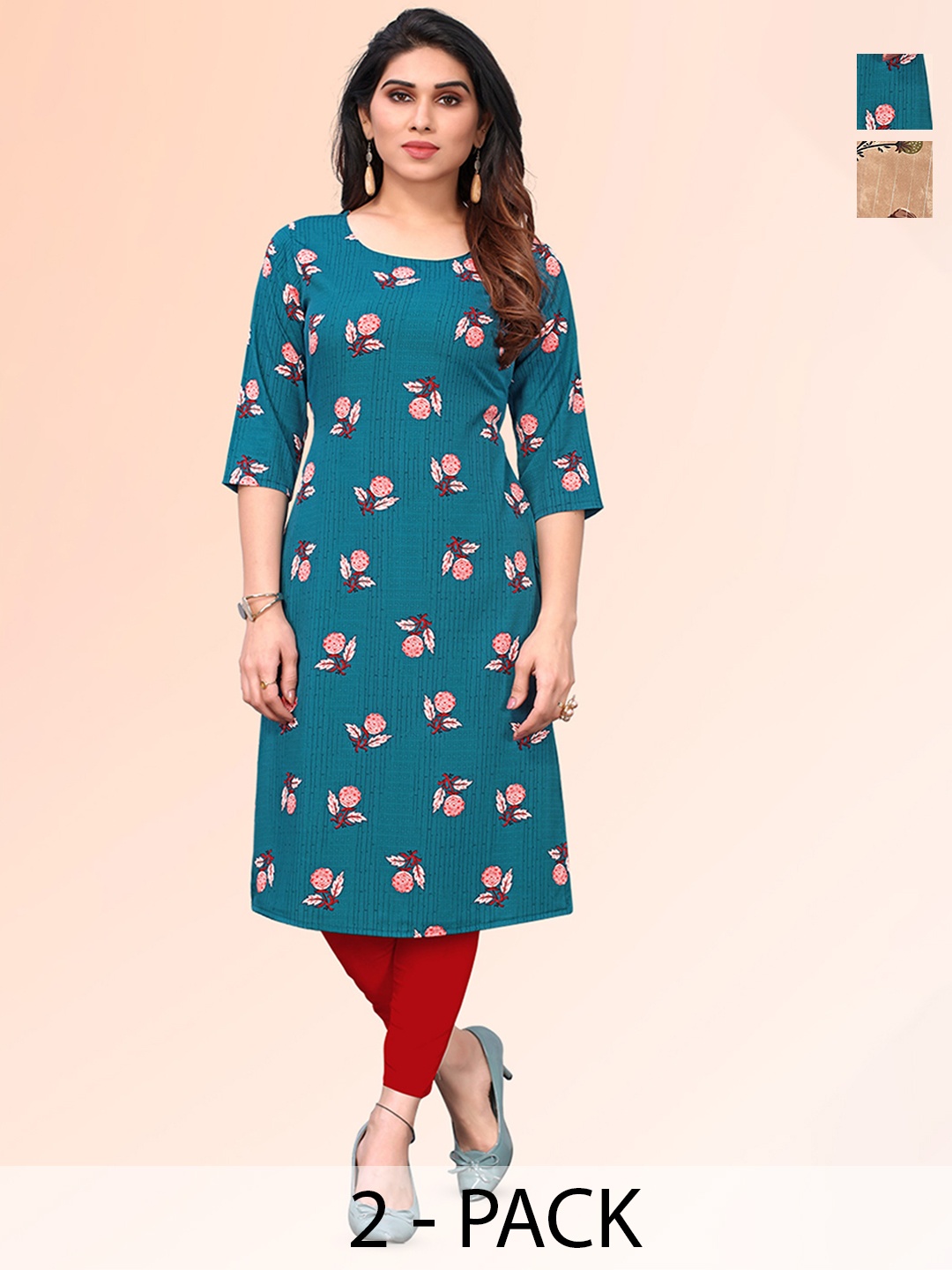 

KETAKI FASHION Selection of 2 Floral Printed Straight Kurtas, Teal