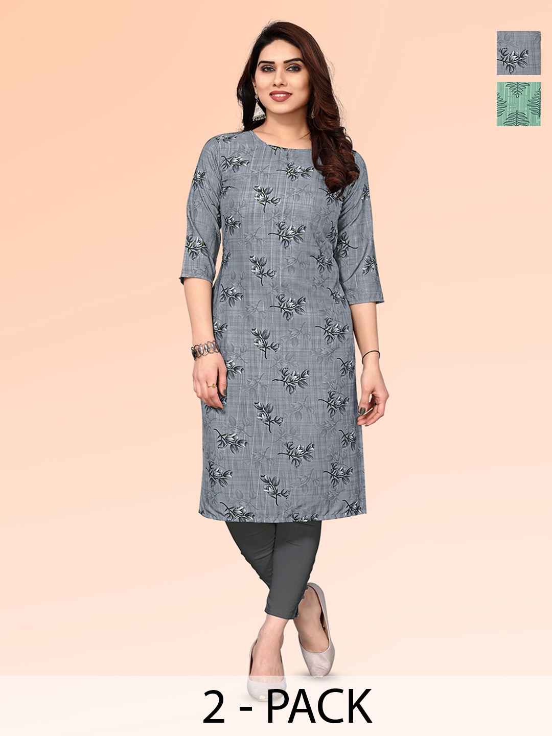 

KETAKI FASHION Selection Of 2 Floral Printed Round Neck Straight Kurtas, Grey