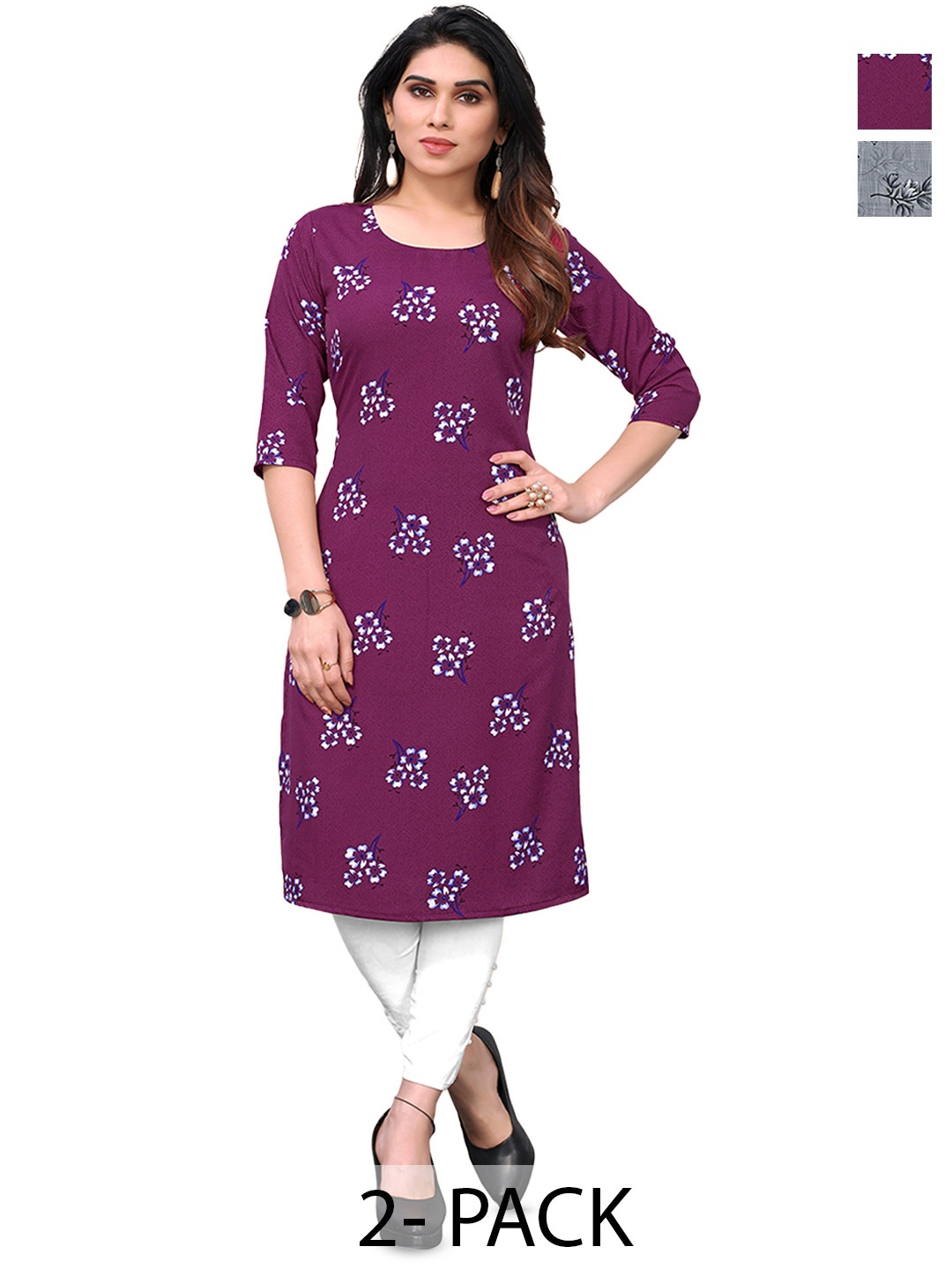 

KETAKI FASHION Selection of 2 Floral Printed Straight Kurtas, Purple