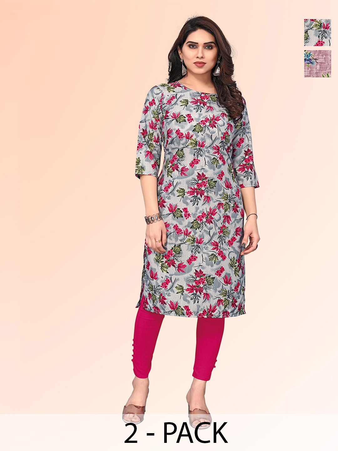 

KETAKI FASHION Selection Of 2 Floral Printed Round Neck Straight Kurtas, Grey