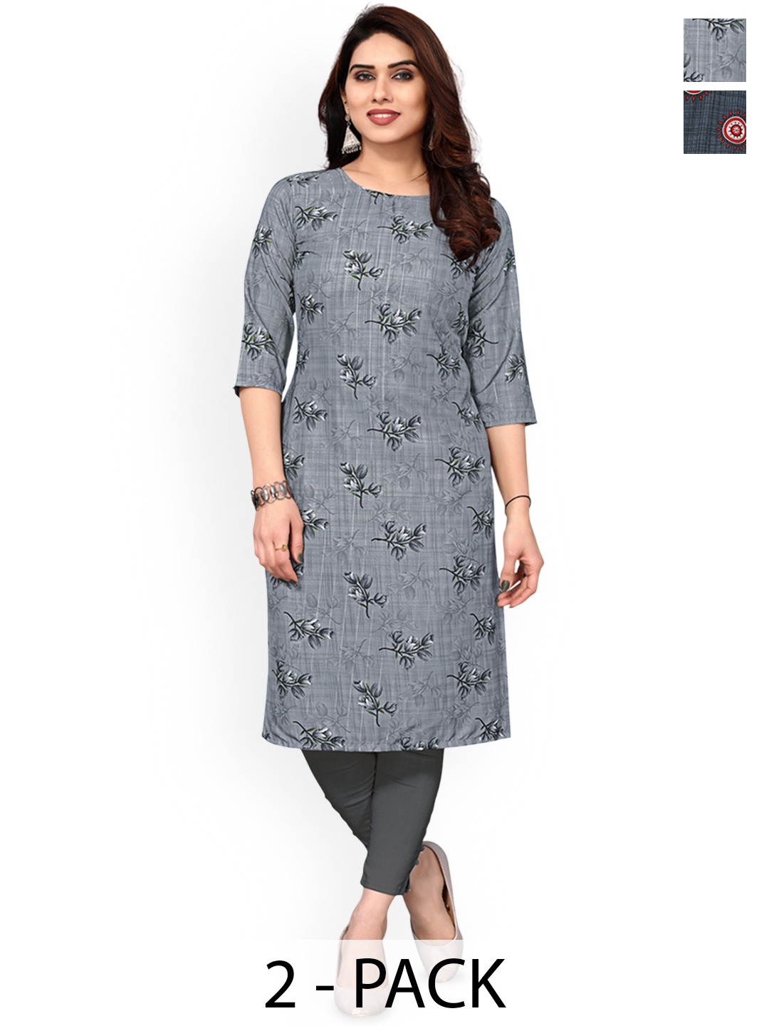 

KETAKI FASHION Selection Of 2 Ethnic Motifs Printed Straight Kurtas, Grey