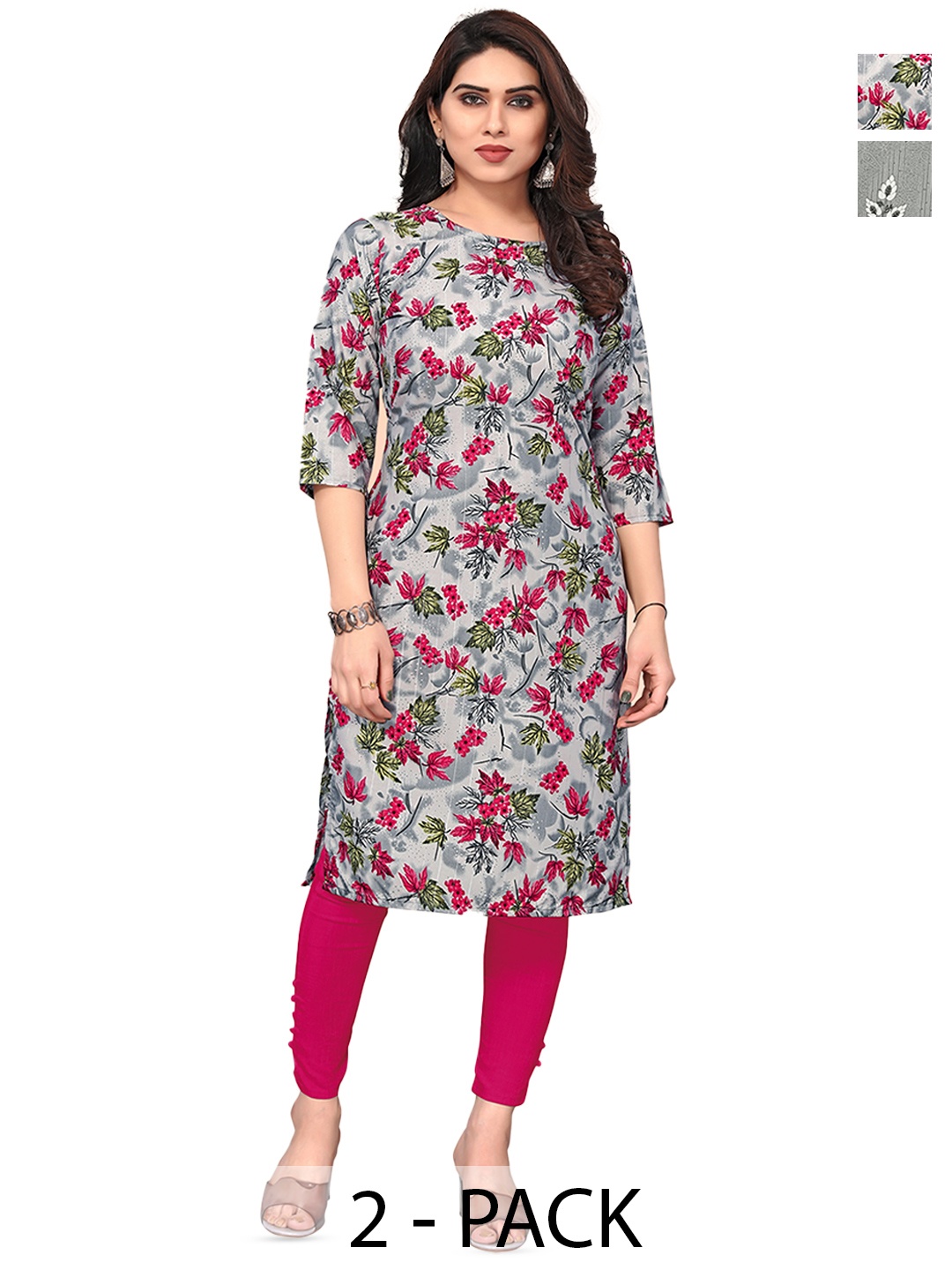 

KETAKI FASHION Selection Of 2 Floral Printed Round Neck Straight Kurta, Grey