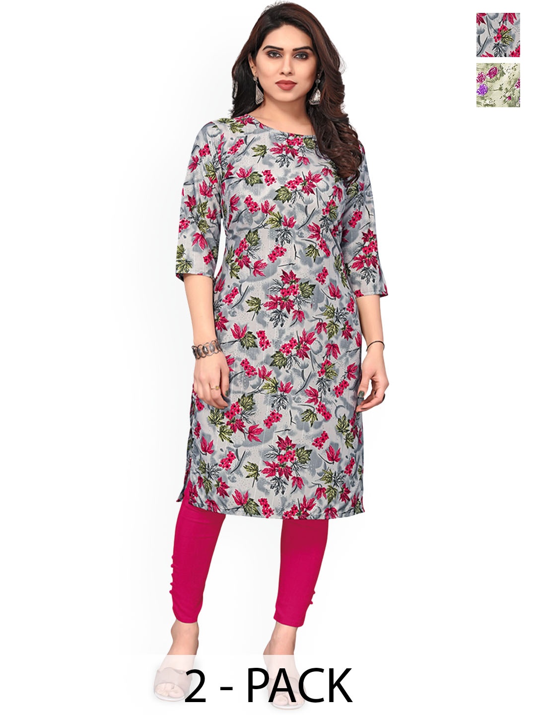 KETAKI FASHION Selection Of 2 Floral Printed Straight Kurtas, Grey