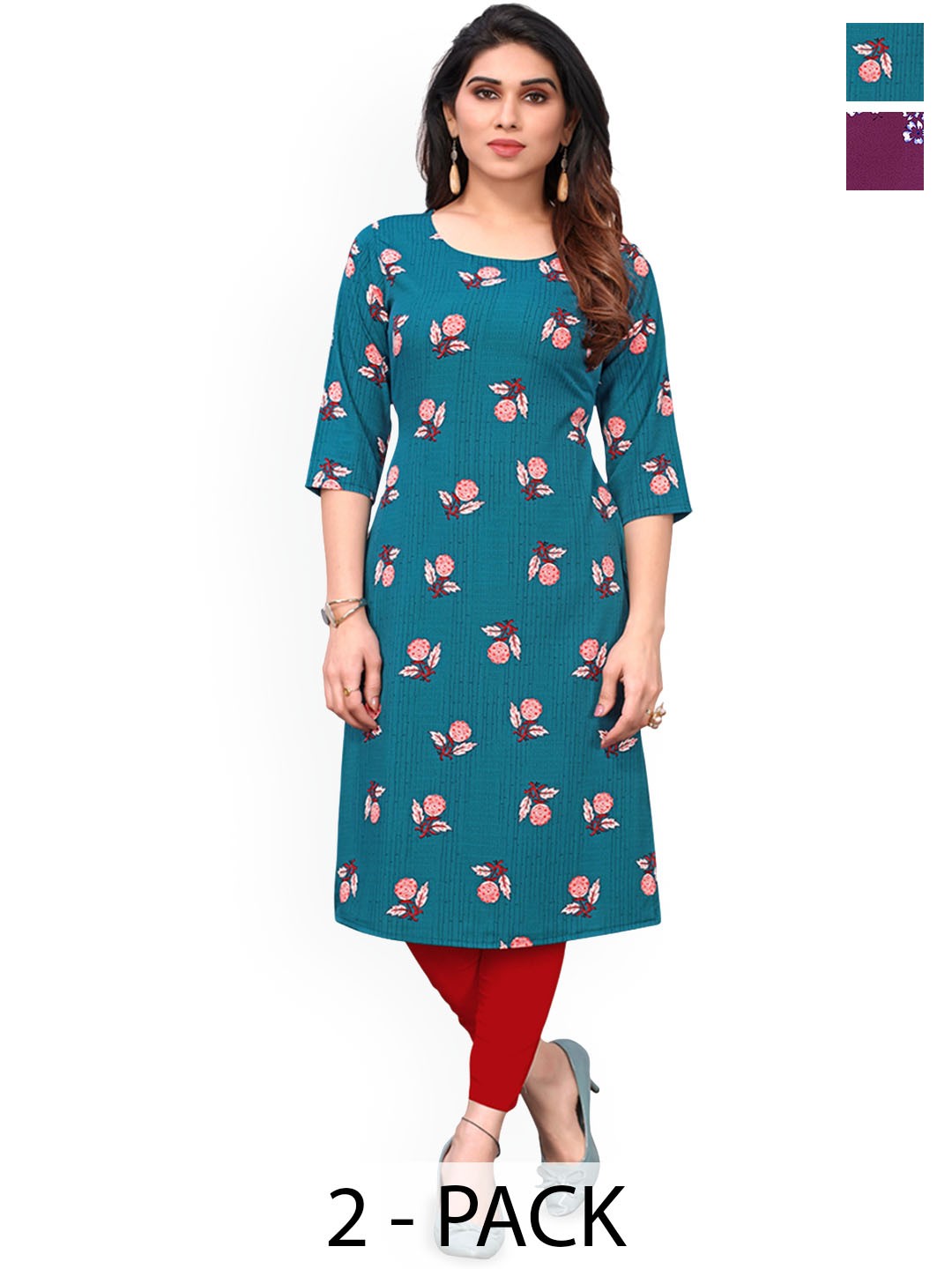 

KETAKI FASHION Selection of 2 Floral Printed Straight Kurtas, Teal