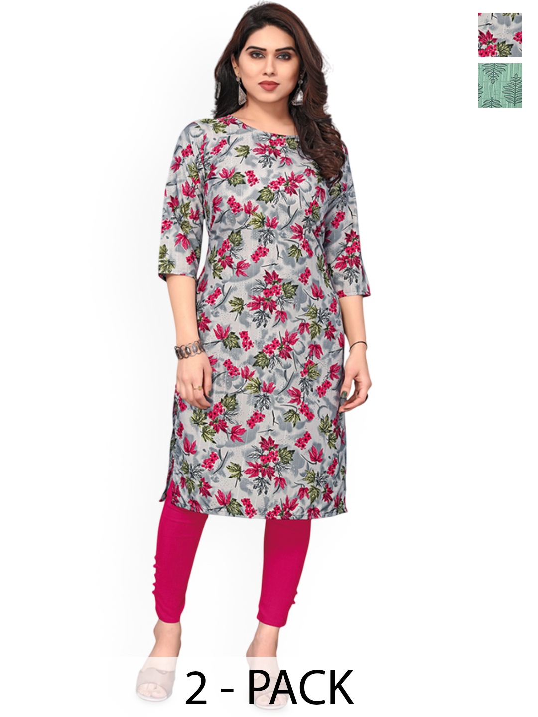 

KETAKI FASHION Selection Of 2 Floral Printed Round Neck Straight Kurtas, Grey