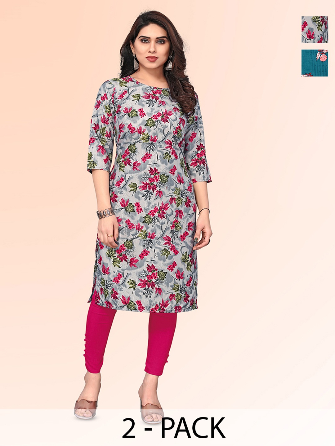 

KETAKI FASHION Selection Of 2 Floral Printed Straight Kurtas, Grey