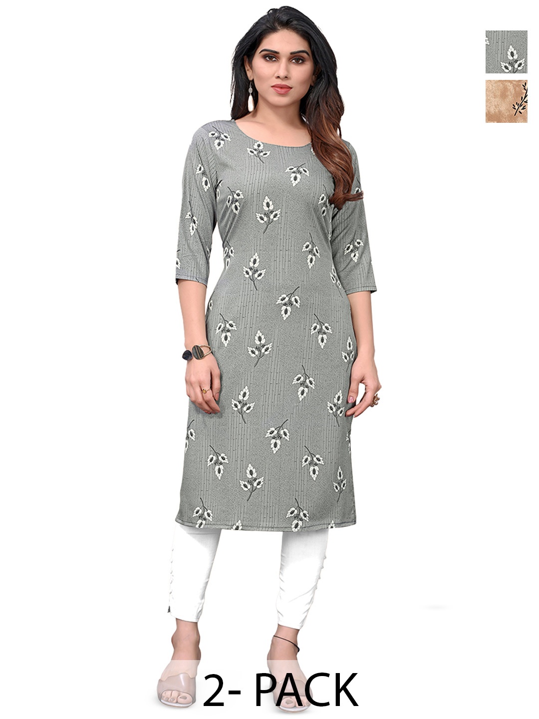 

KETAKI FASHION Selection Of 2 Floral Printed Round Neck Straight Kurta, Grey