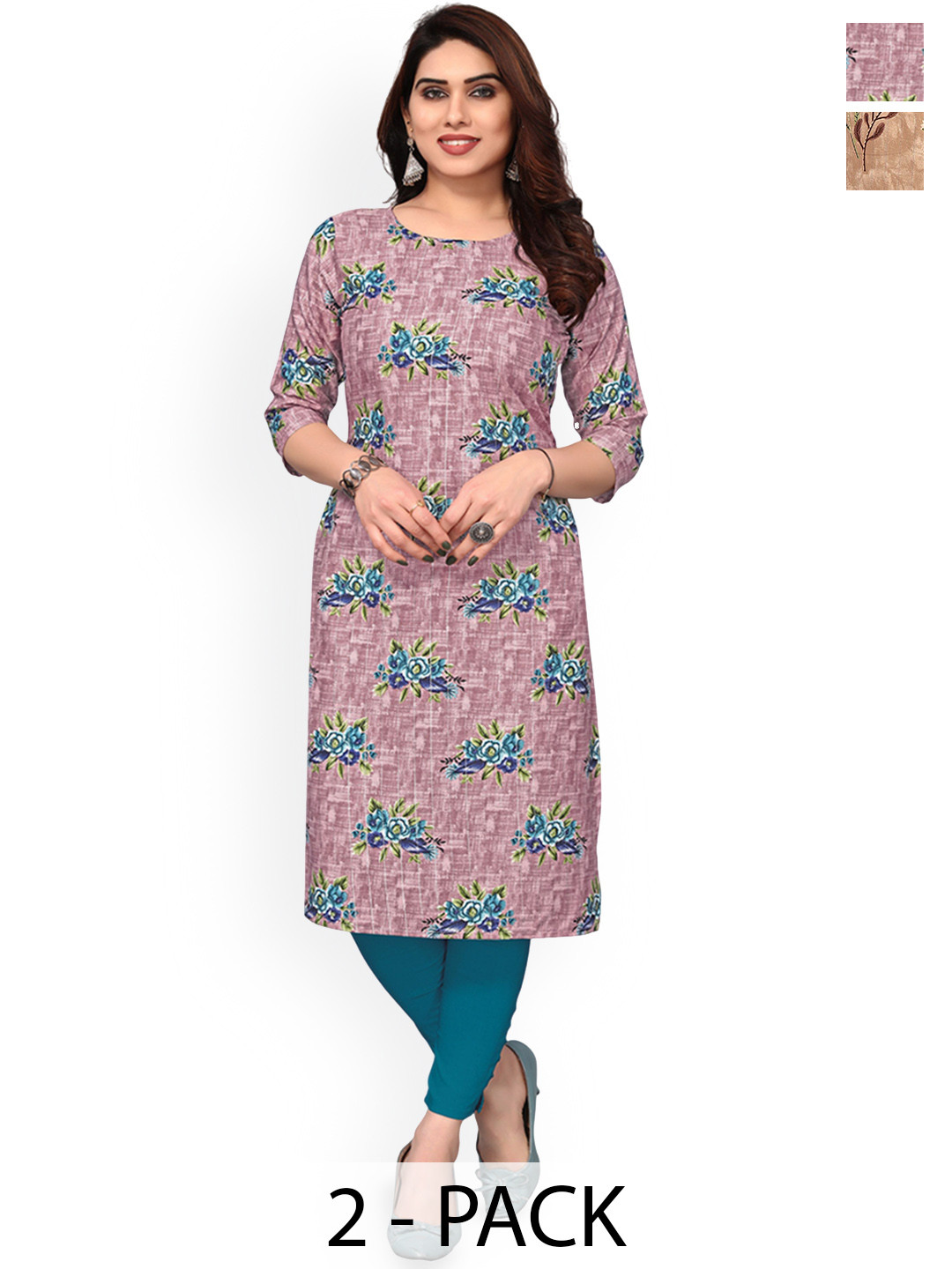 

KETAKI FASHION Selection Of 2 Floral Printed Round Neck Straight Kurta, Pink