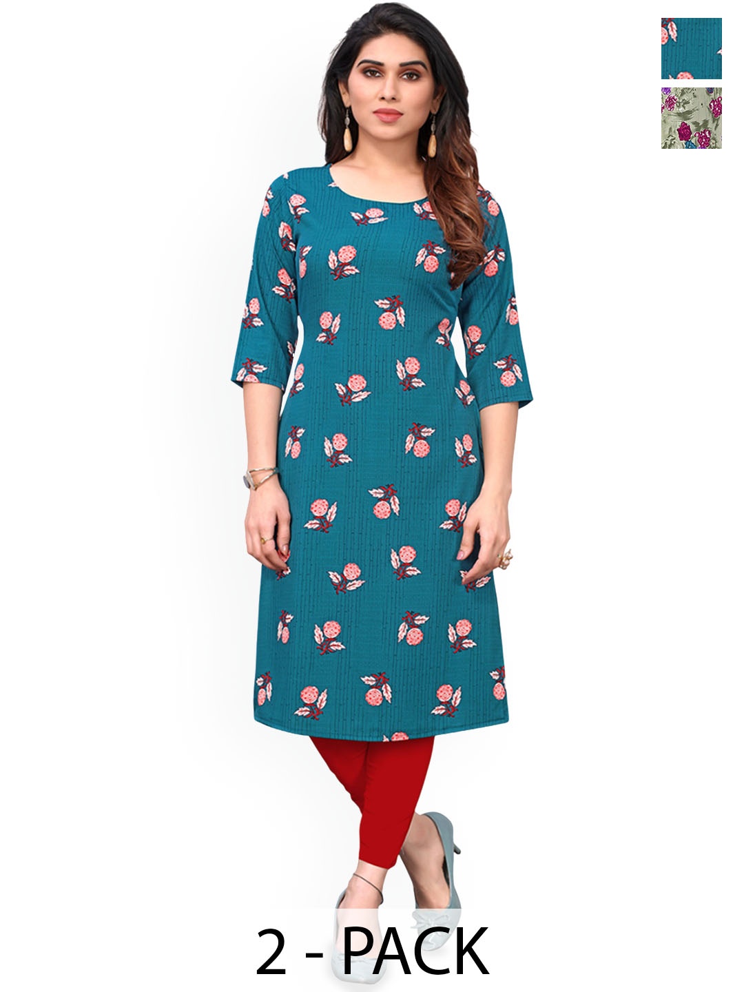 

KETAKI FASHION Selection Of 2 Floral Printed Straight Kurtas, Teal