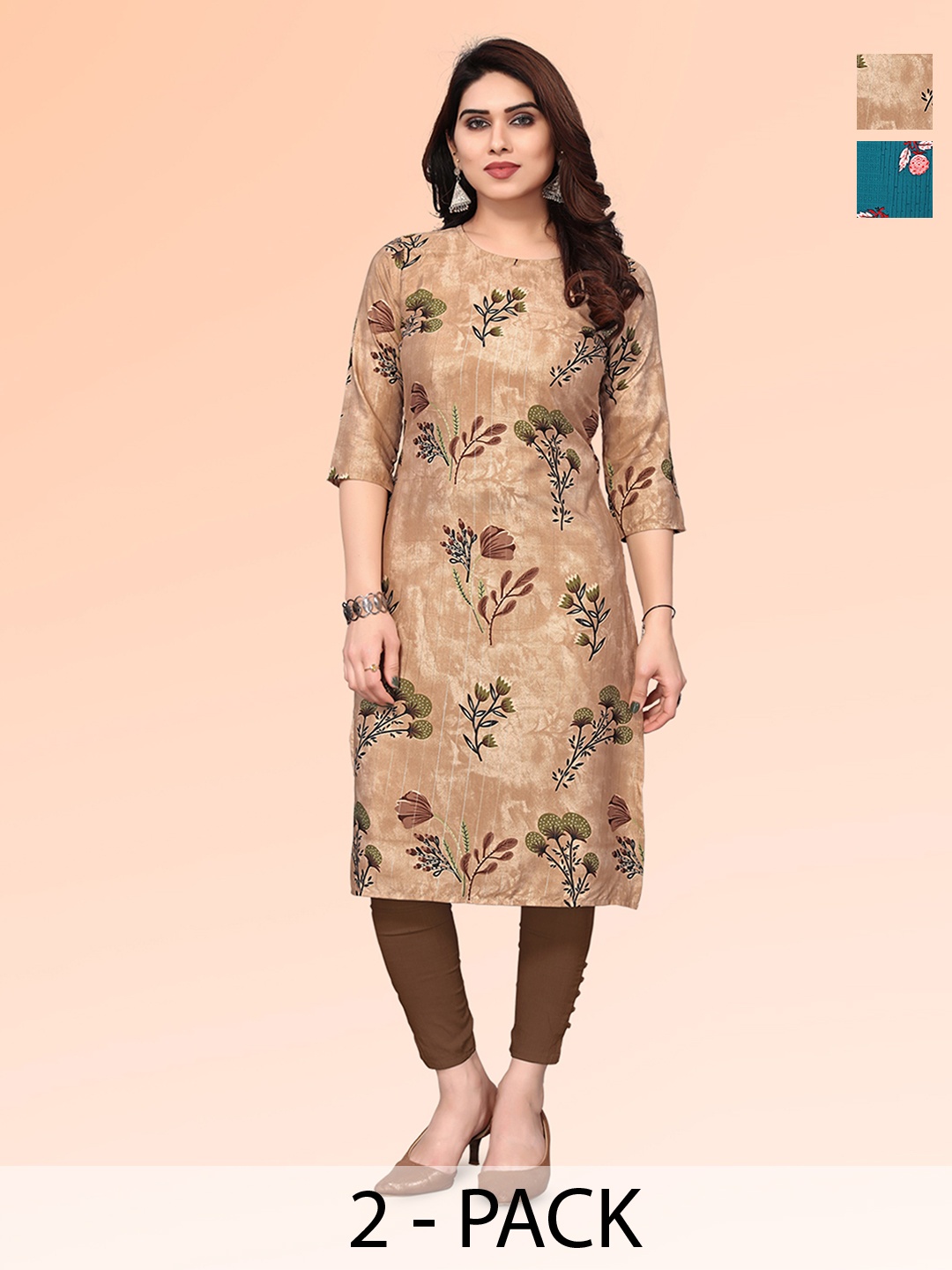 

KETAKI FASHION Selection Of 2 Floral Printed Round Neck Straight Kurta, Brown