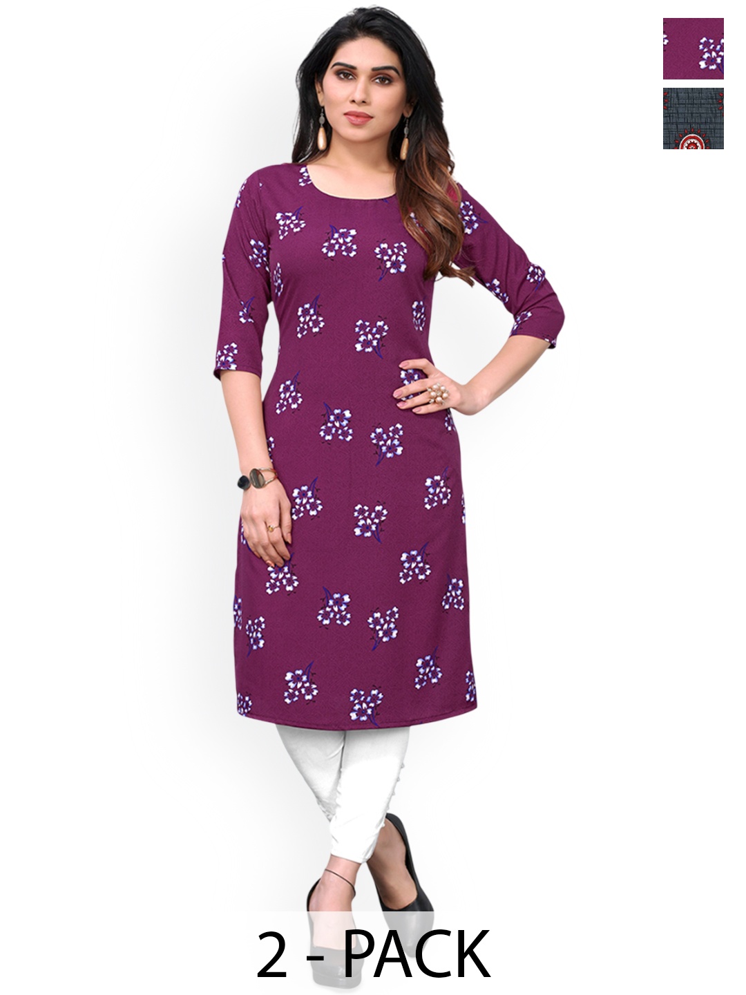 

KETAKI FASHION Selection Of 2 Floral Printed Round Neck Straight Kurtas, Purple