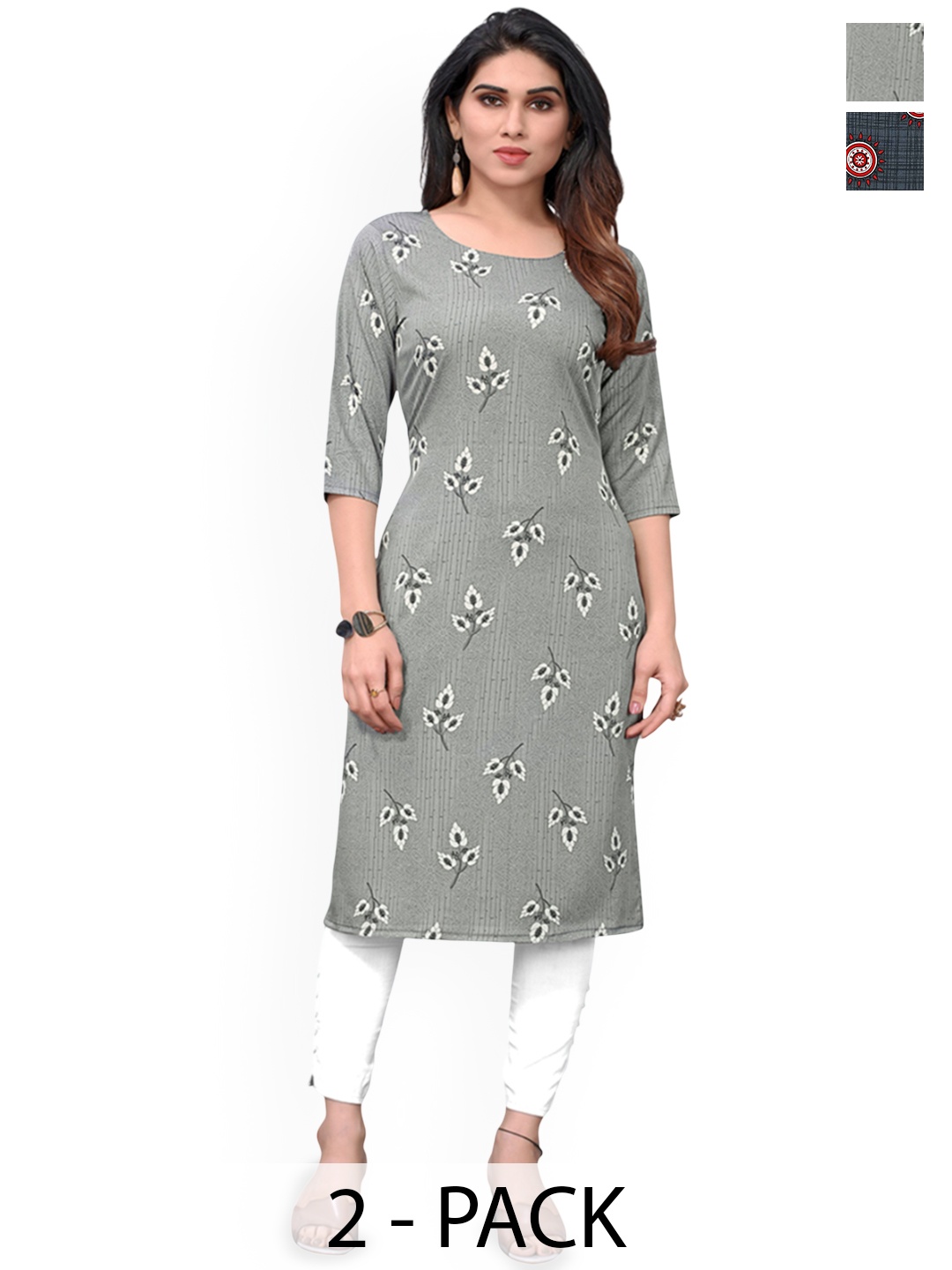 

KETAKI FASHION Selection Of 2 Floral Printed Round Neck Straight Kurtas, Grey