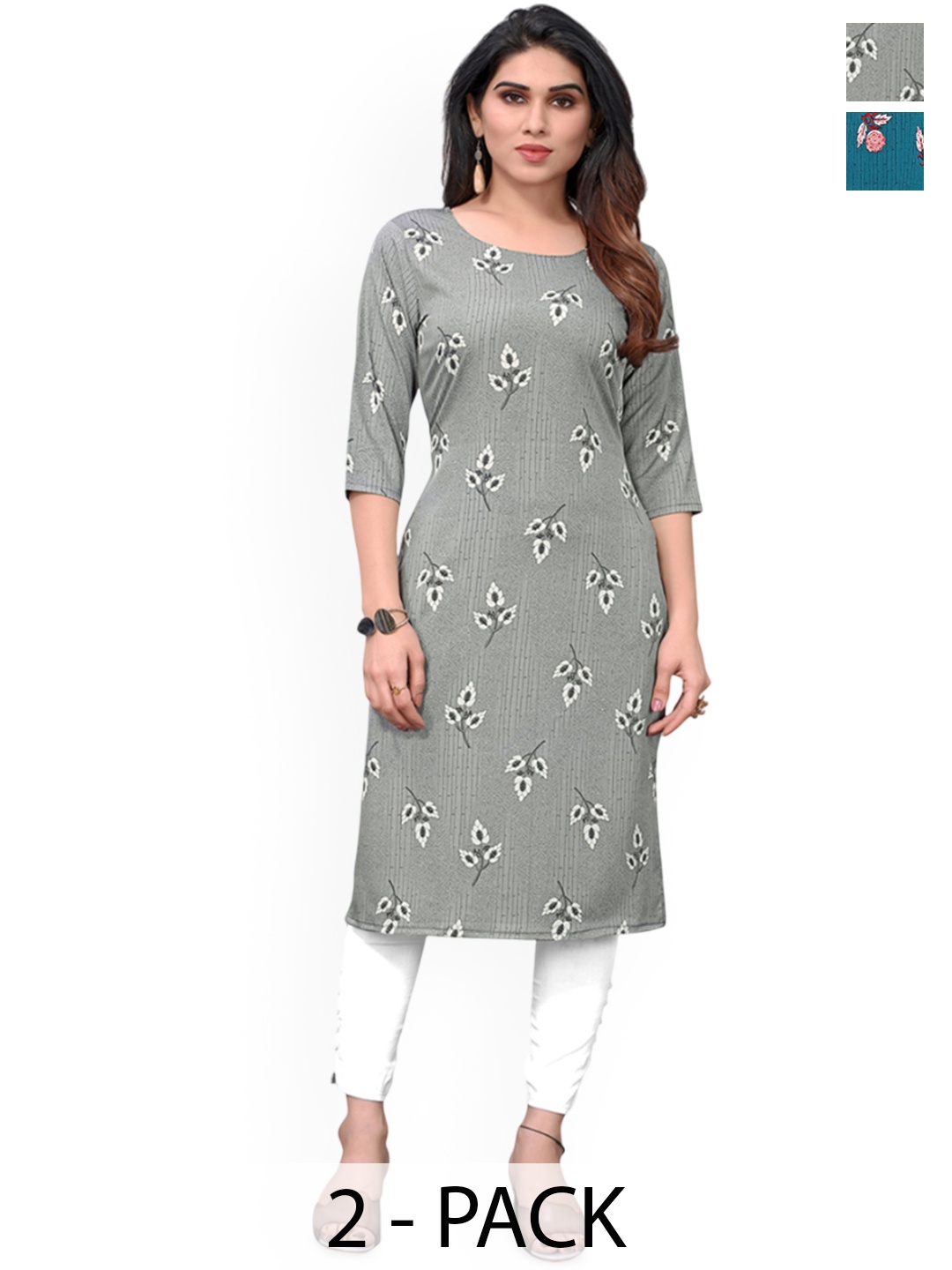 KETAKI FASHION Selection Of 2 Floral Printed Round Neck Straight Kurtas, Grey