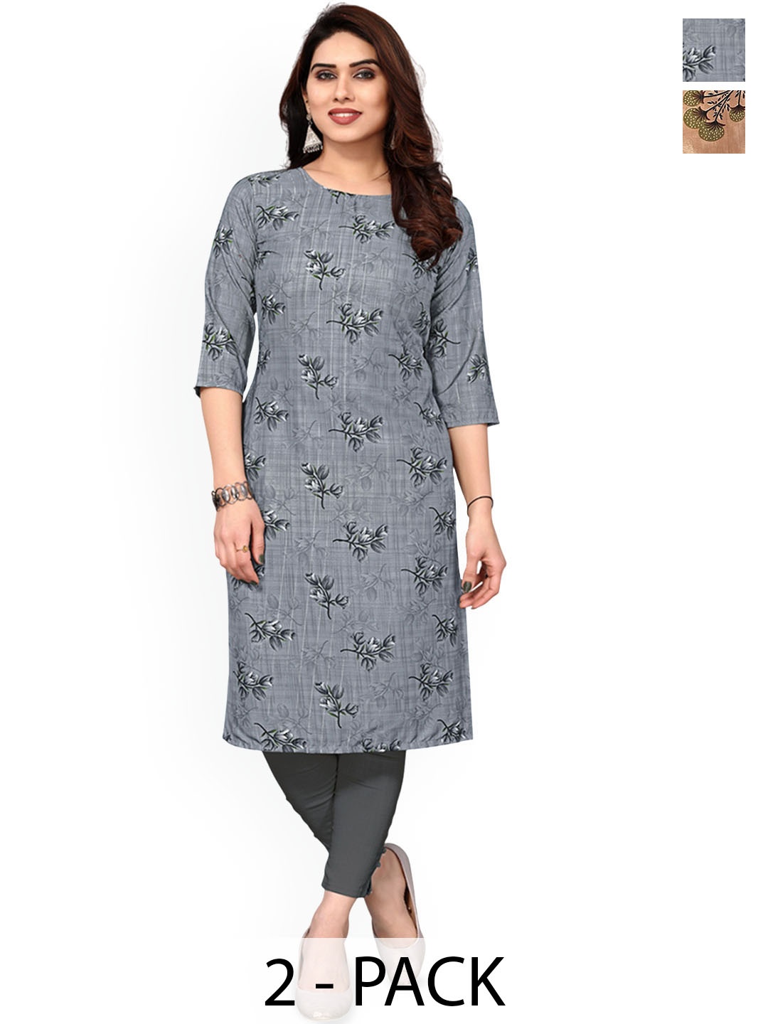 

KETAKI FASHION Selection Of 2 Floral Printed Round Neck Straight Kurta, Grey