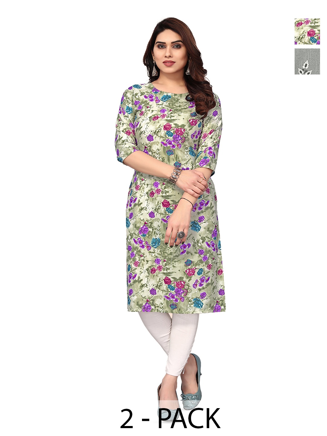 

KETAKI FASHION Selection of 2 Floral Printed Straight Kurtas, Green