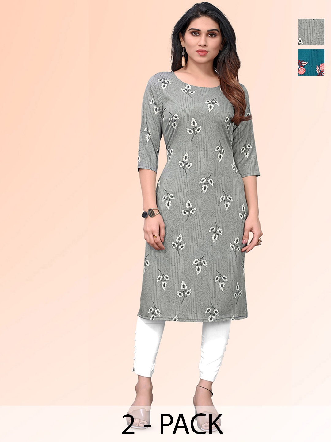 KETAKI FASHION Selection Of 2 Floral Printed Round Neck Straight Kurtas, Grey