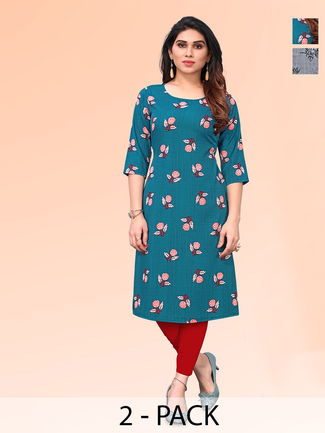 

KETAKI FASHION Selection Of 2 Floral Printed Round Neck Straight Kurtas, Green