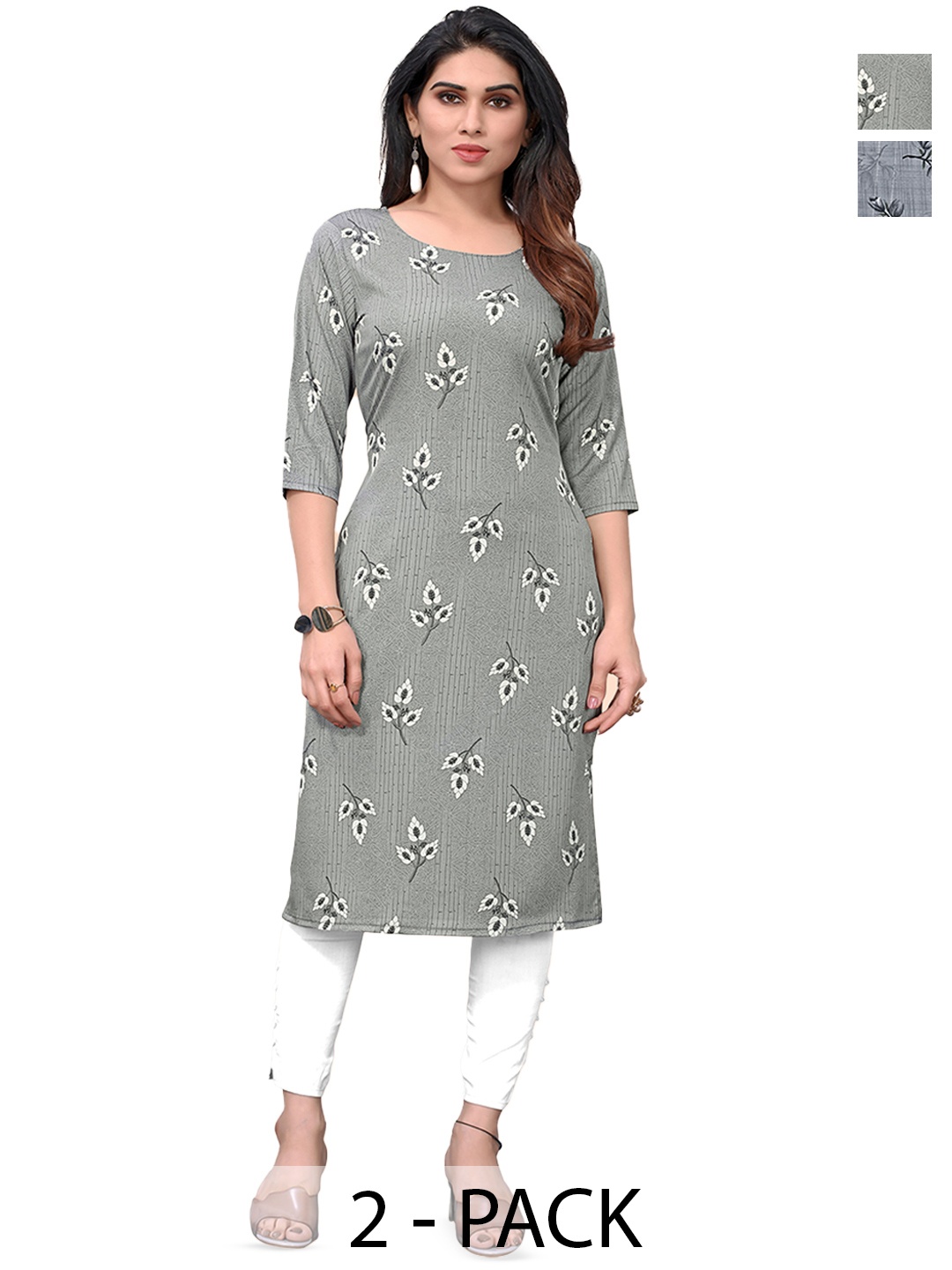 

KETAKI FASHION Selection Of 2 Floral Printed Straight Kurtas, Grey