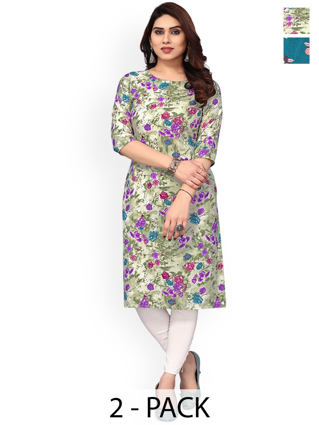 

KETAKI FASHION Selection of 2 Floral Printed Straight Kurtas, Green