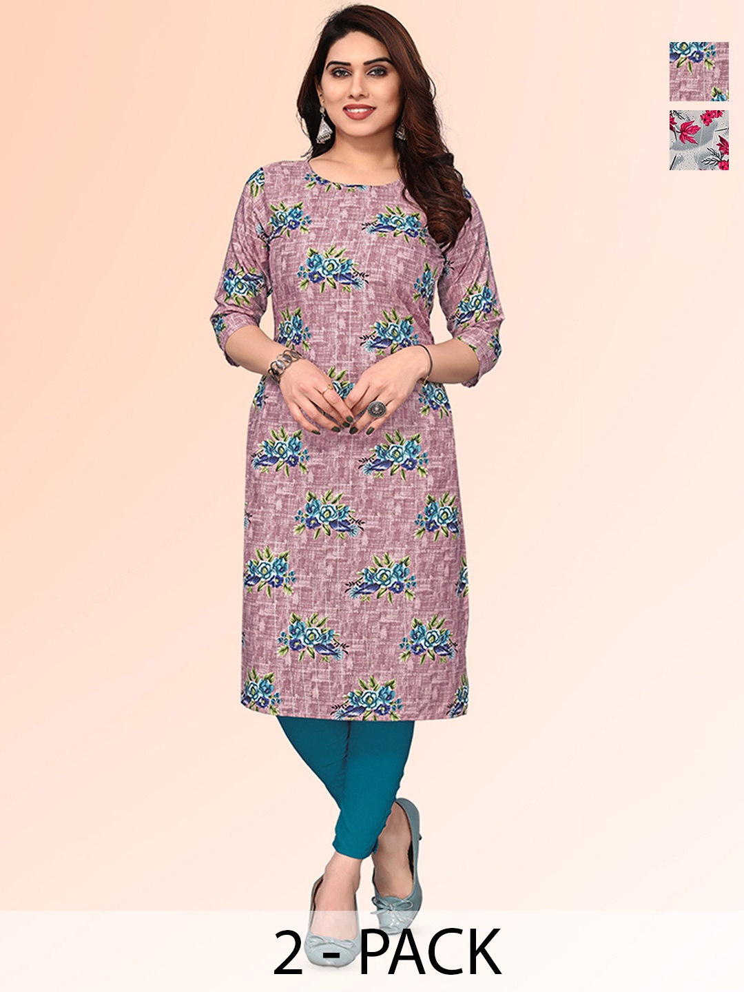 

KETAKI FASHION Selection Of 2 Floral Printed Round Neck Straight Kurta, Pink