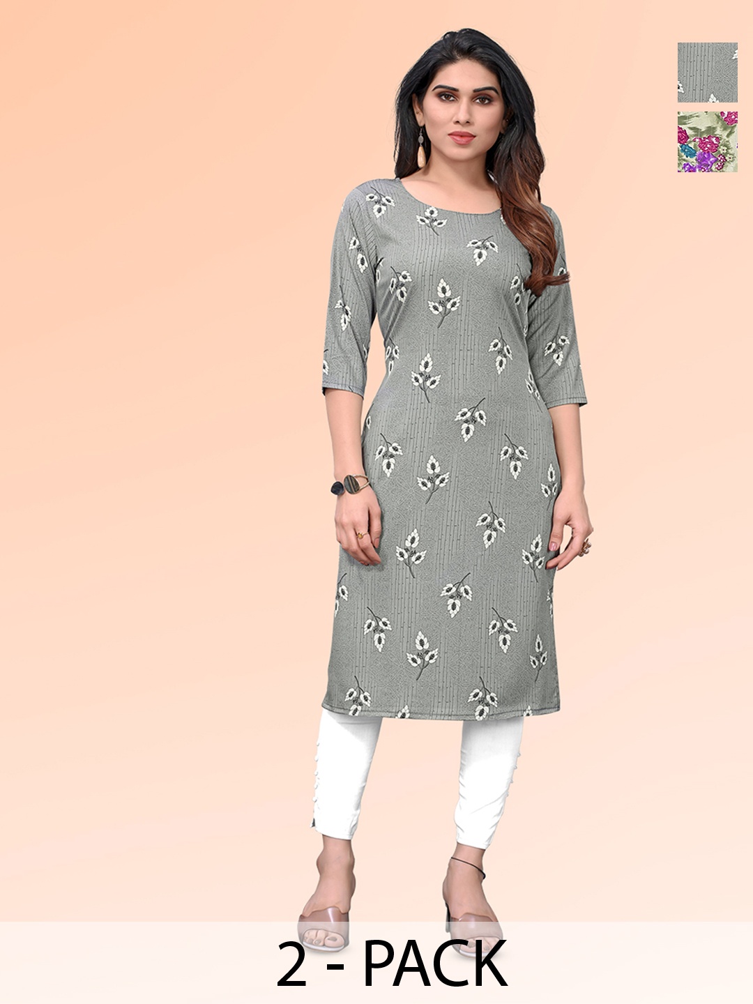 

KETAKI FASHION Selection Of 2 Floral Printed Round Neck Straight Kurtas, Grey