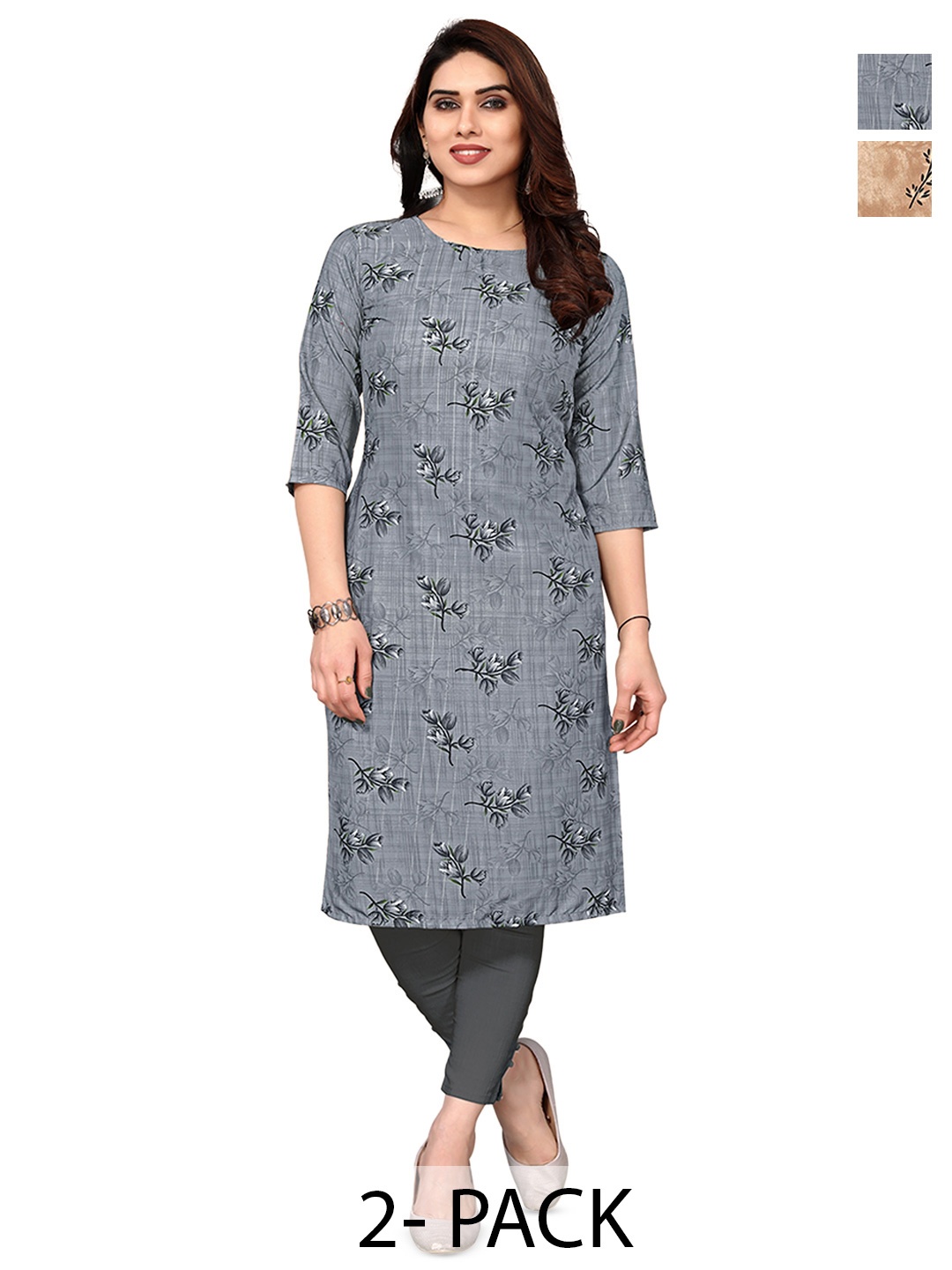 KETAKI FASHION Selection of 2 Floral Printed Straight Kurtas, Grey