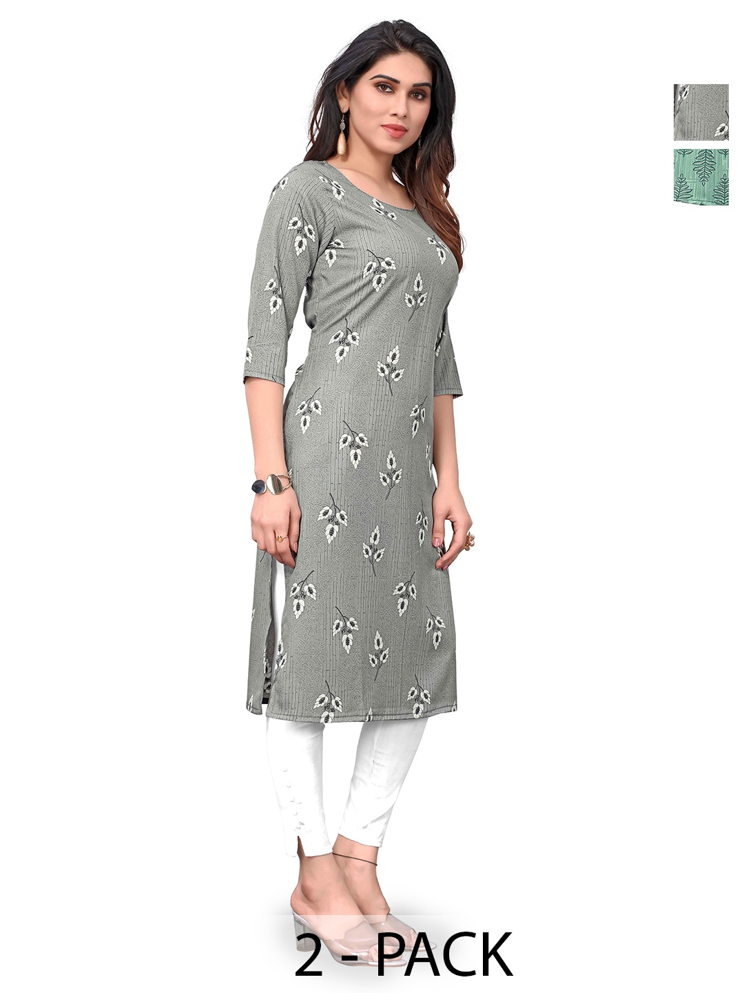 

KETAKI FASHION Selection Of 2 Floral Printed Round Neck Straight Kurtas, Grey