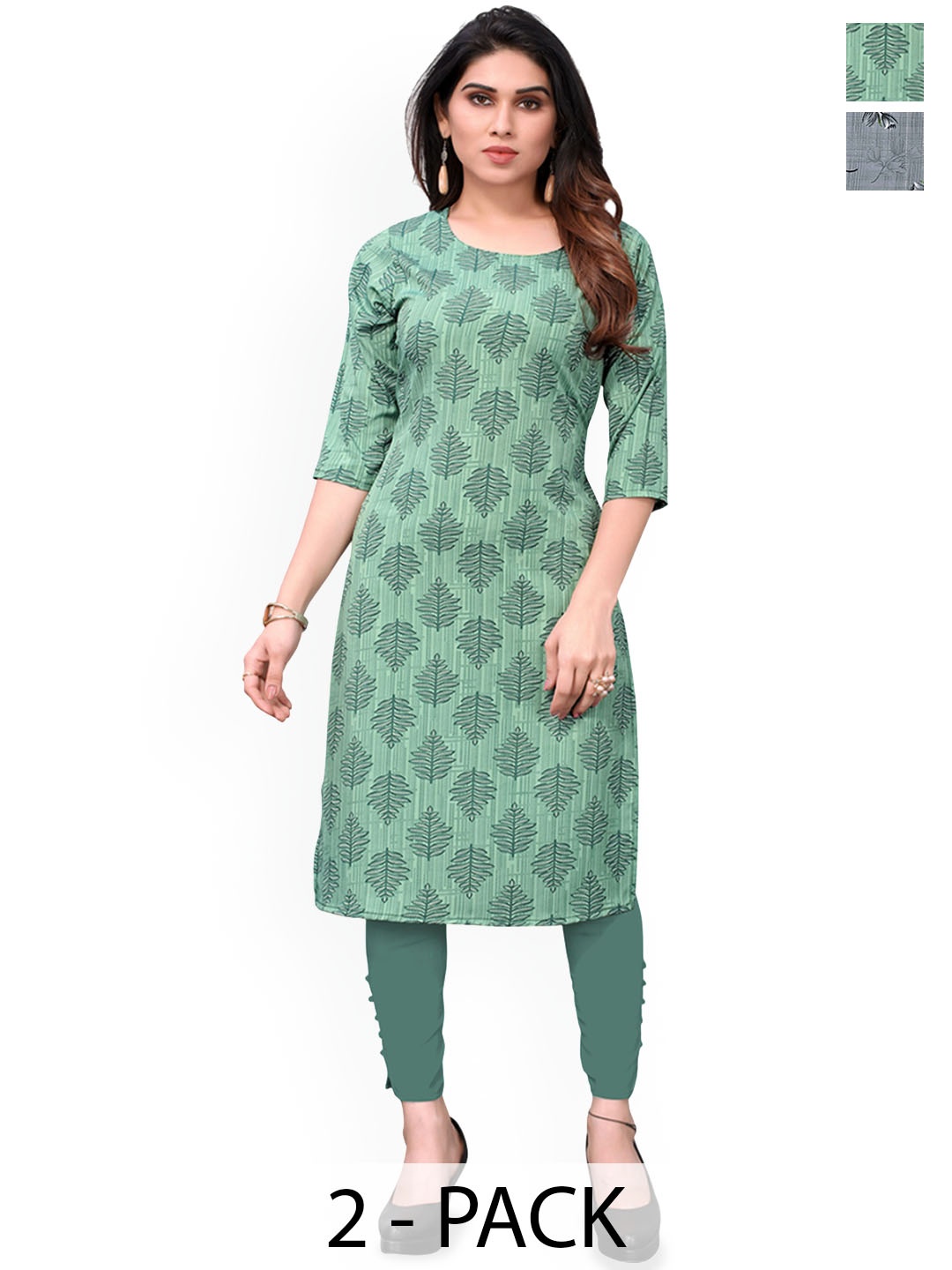 

KETAKI FASHION Selection Of 2 Floral Printed Round Neck Straight Kurtas, Green