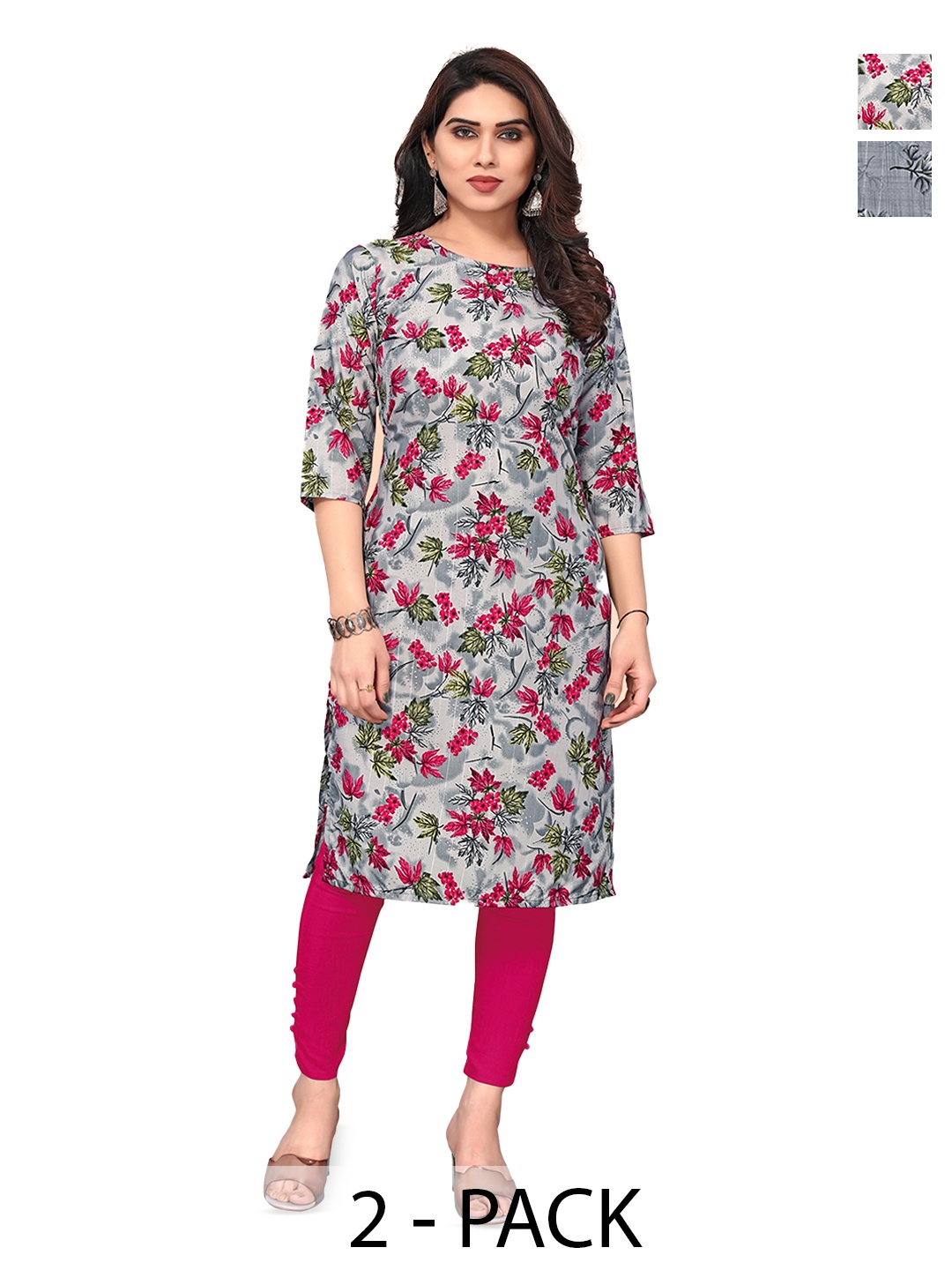 

KETAKI FASHION Selection Of 2 Floral Printed Round Neck Straight Kurtas, Grey