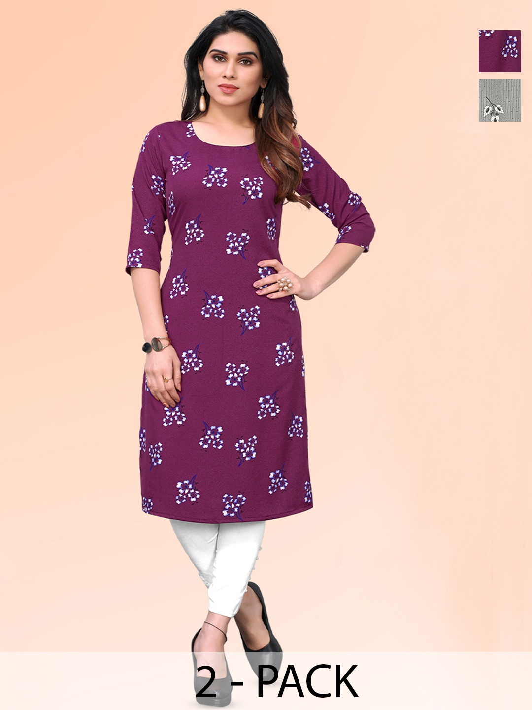 

KETAKI FASHION Selection Of 2 Floral Printed Round Neck Straight Kurtas, Pink