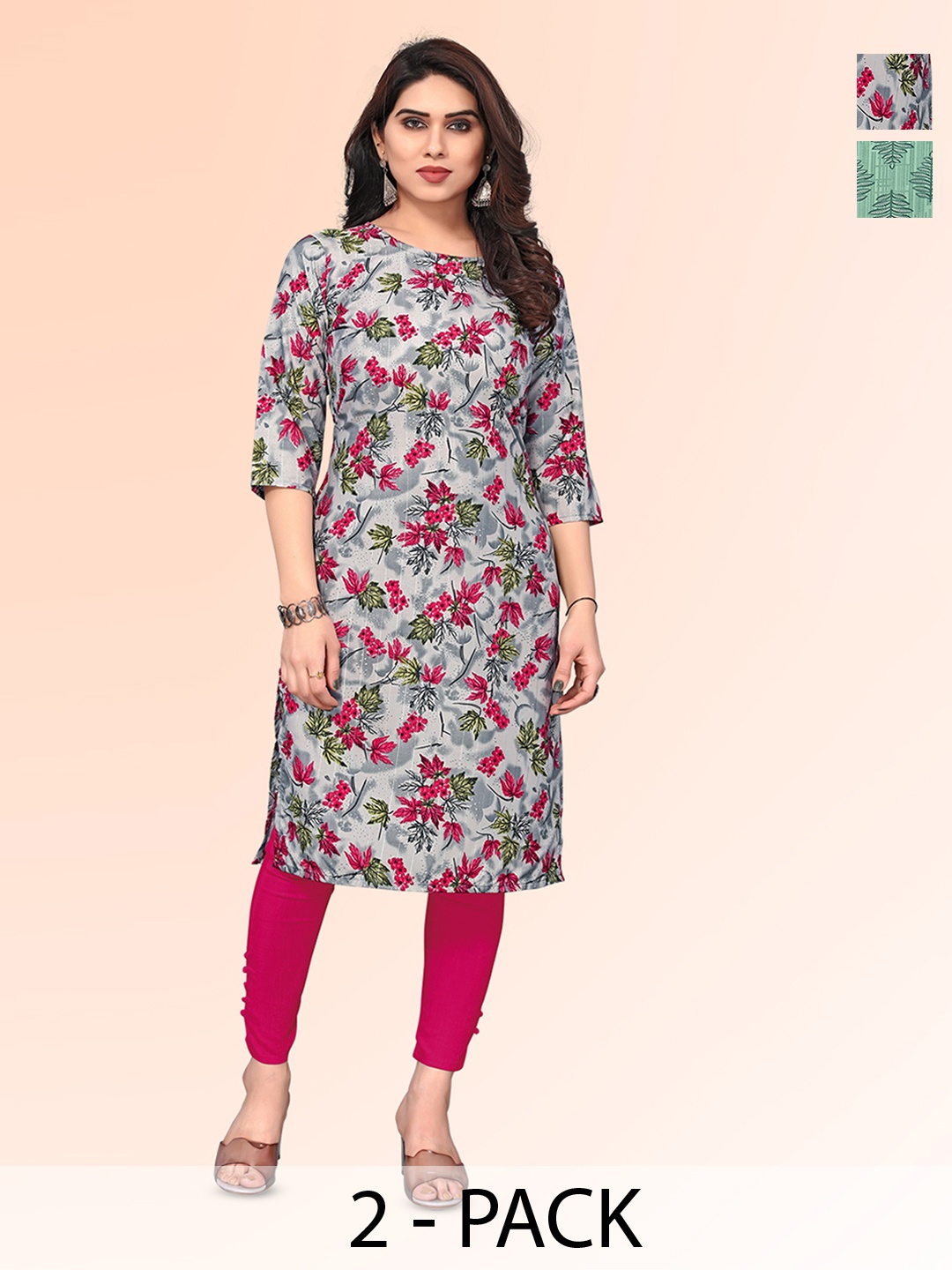 KETAKI FASHION Selection Of 2 Floral Printed Round Neck Straight Kurtas, Grey