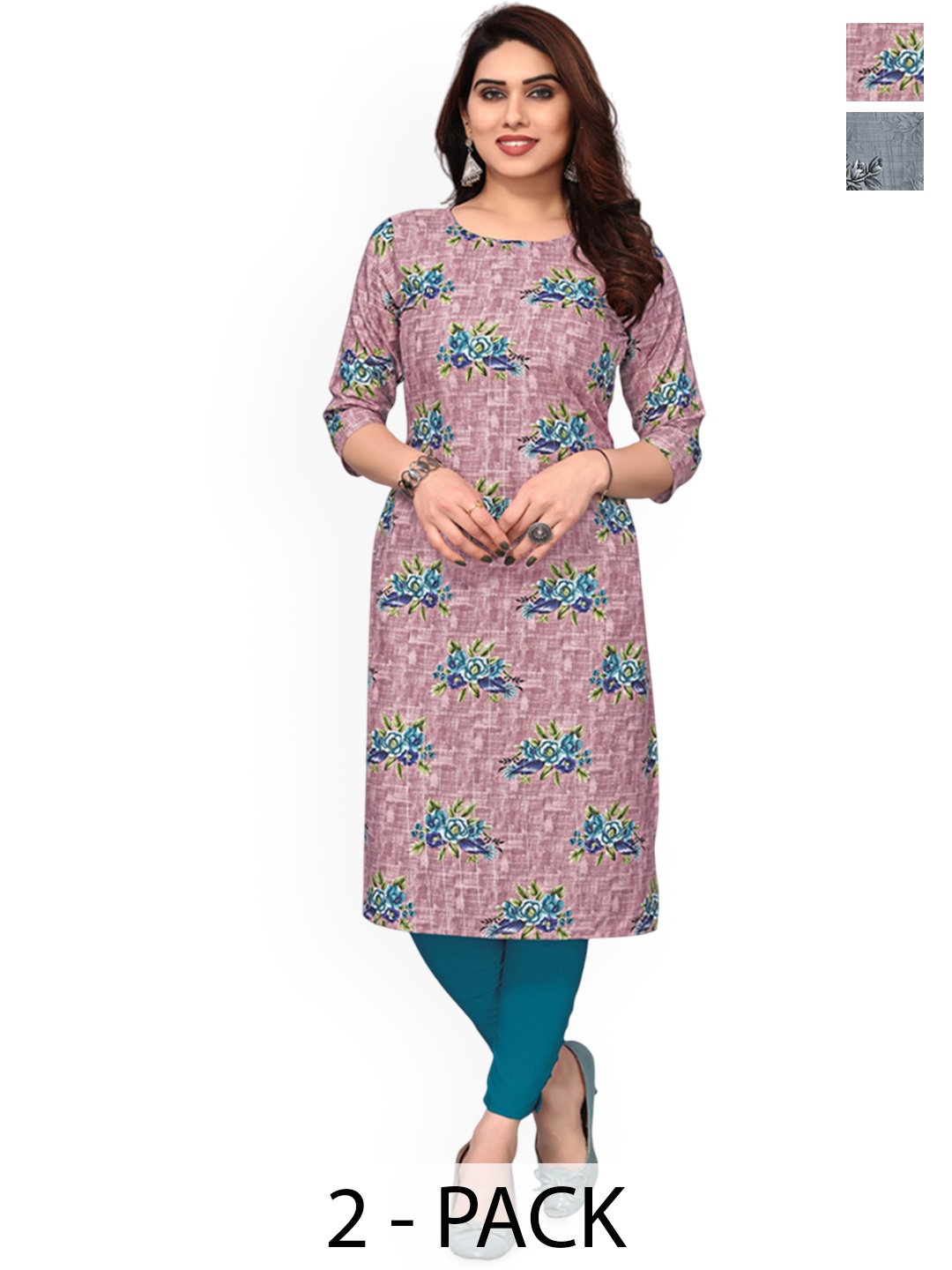 

KETAKI FASHION Selection Of 2 Floral Printed Round Neck Straight Kurta, Pink