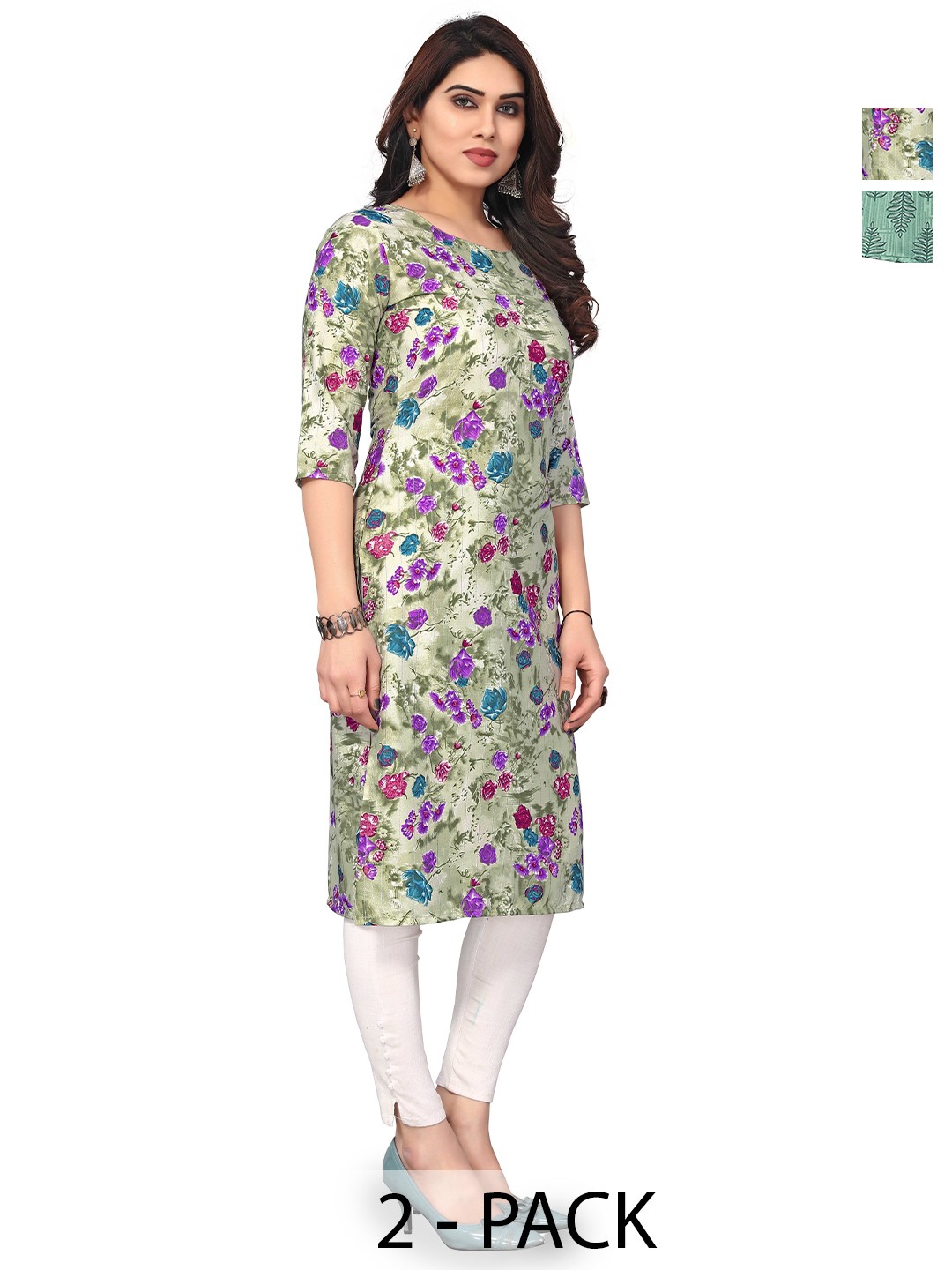 

KETAKI FASHION Selection Of 2 Floral Printed Round Neck Straight Kurta, Green