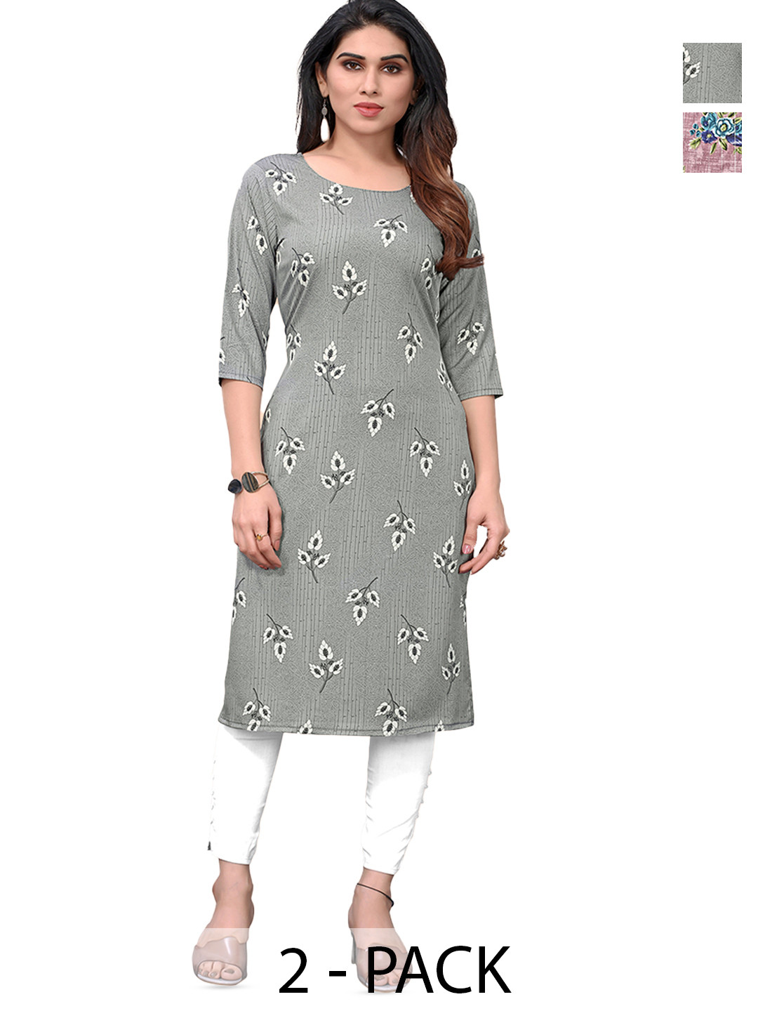 

KETAKI FASHION Selection of 2 Floral Printed Straight Kurtas, Grey