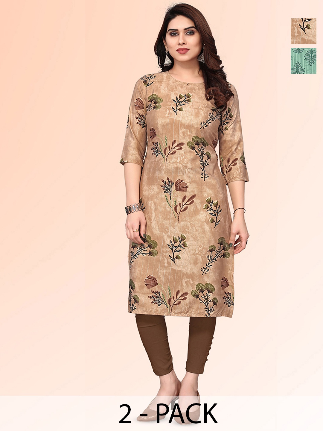 

KETAKI FASHION Selection Of 2 Floral Printed Straight Kurtas, Brown