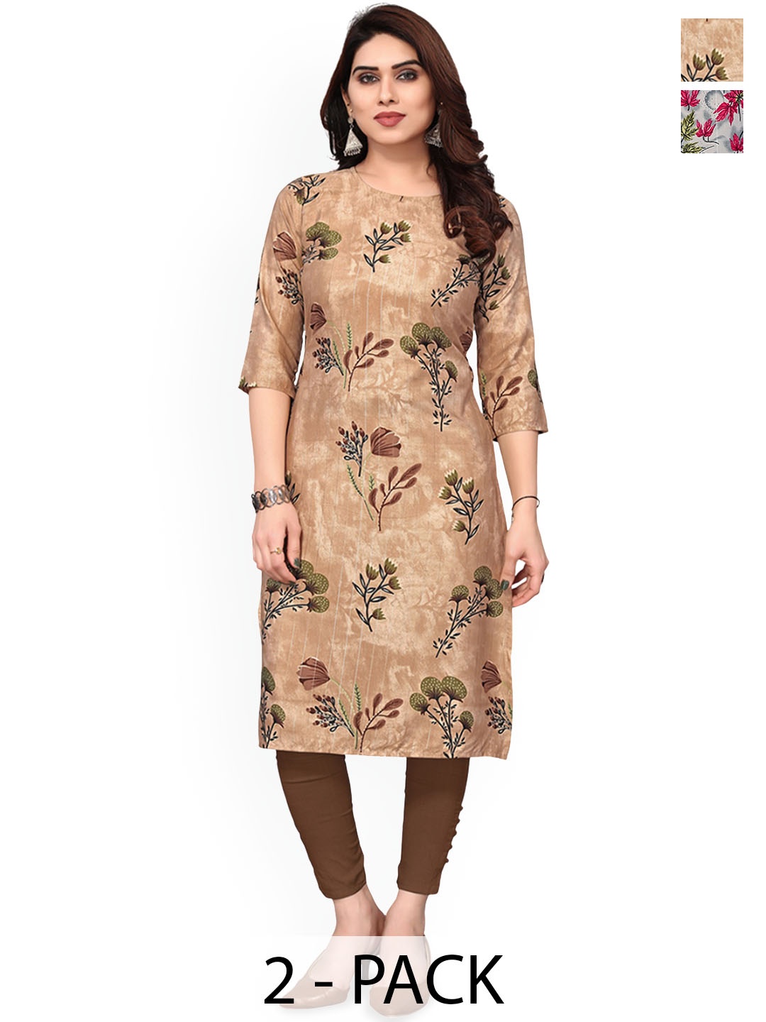 

KETAKI FASHION Selection Of 2 Floral Printed Round Neck Straight Kurta, Brown