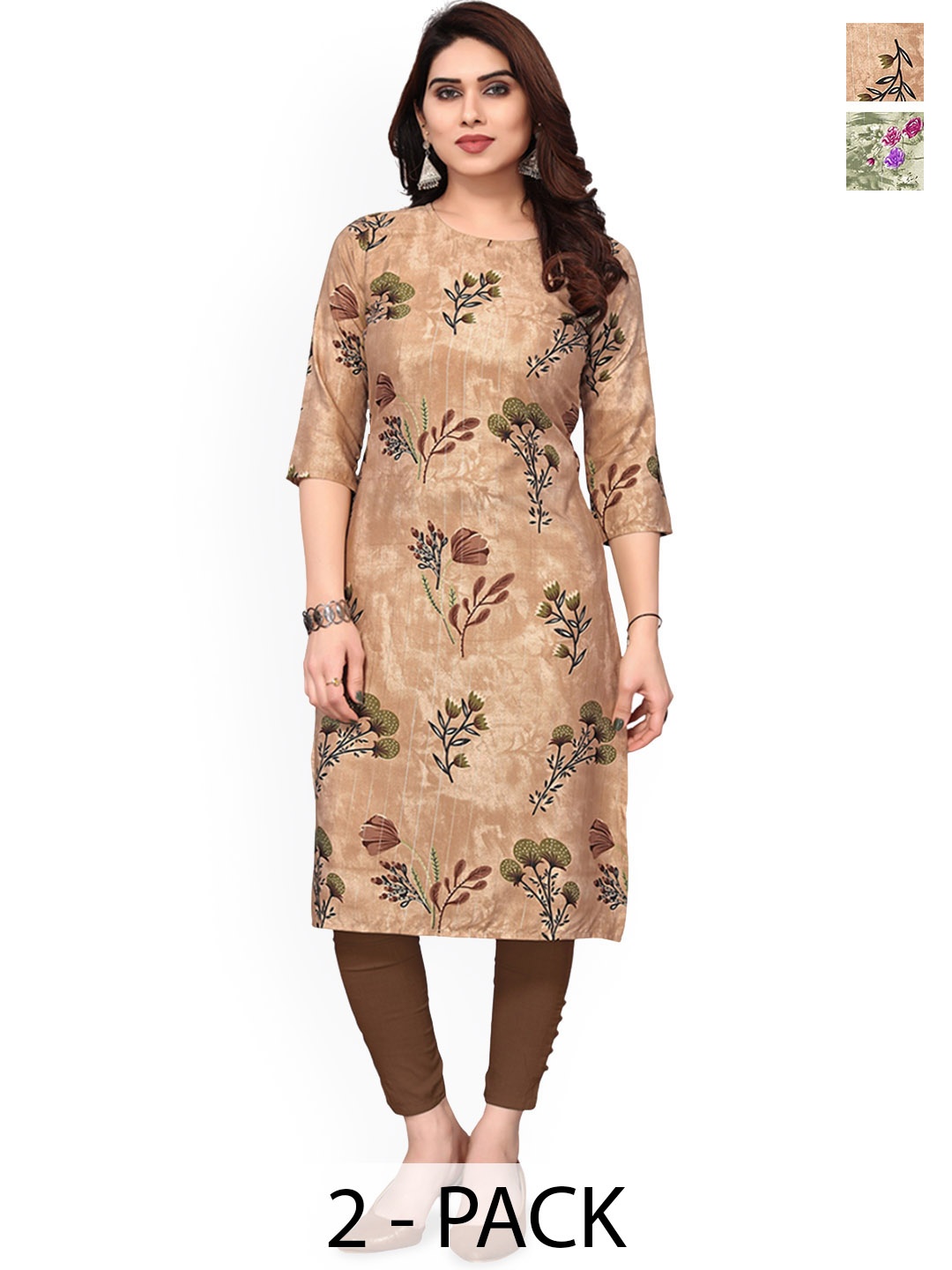 

KETAKI FASHION Selection of 2 Floral Printed Straight Kurtas, Brown