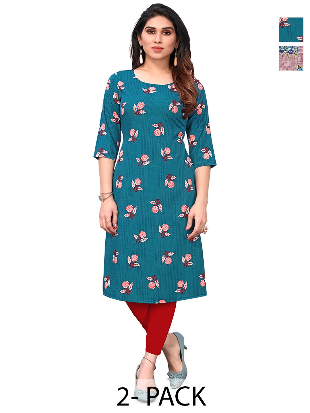 

KETAKI FASHION Selection of 2 Floral Printed Straight Kurtas, Teal