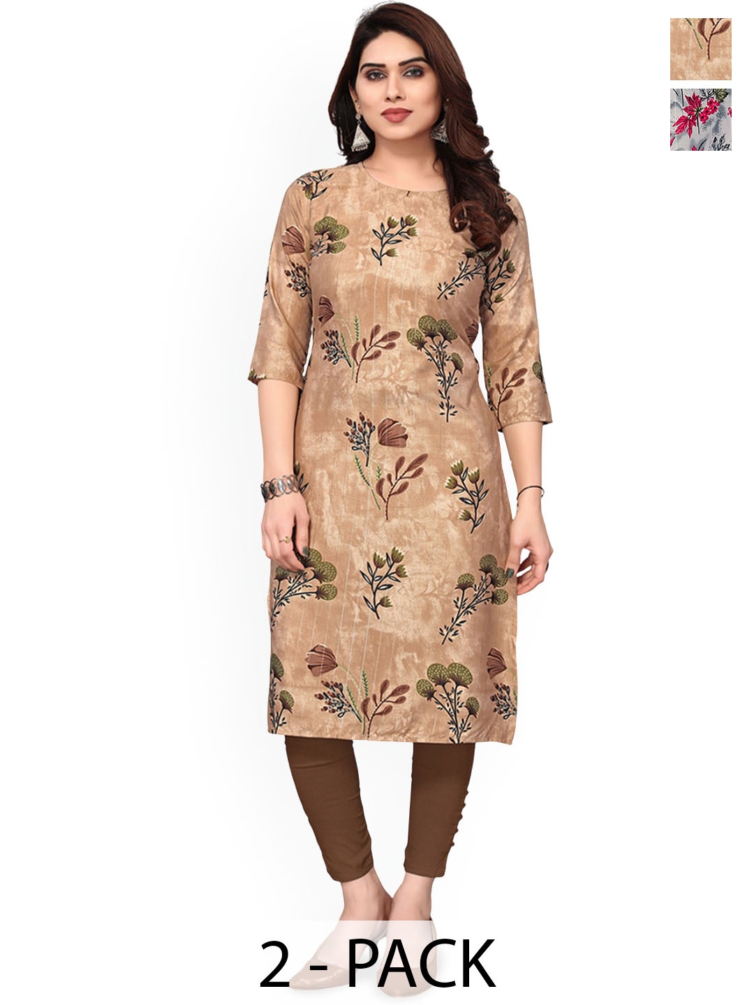 

KETAKI FASHION Selection Of 2 Floral Printed Round Neck Straight Kurtas, Brown