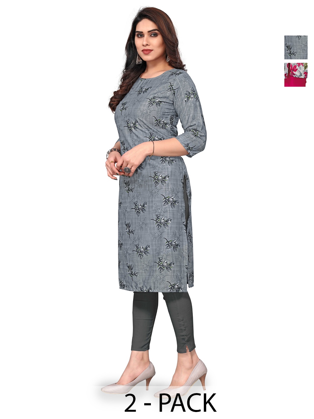 

KETAKI FASHION Selection of 2 Floral Printed Straight Kurtas, Grey