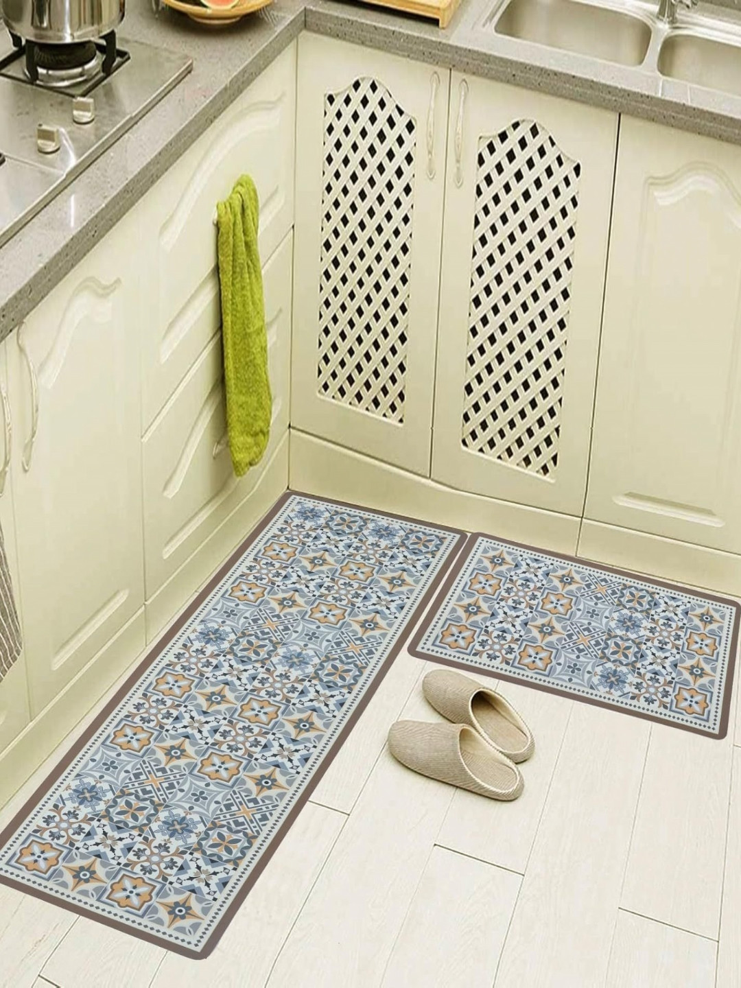 

HomeCloud Blue & Grey 2 Pieces Floral Printed Anti-Skid Kitchen Floor Mats