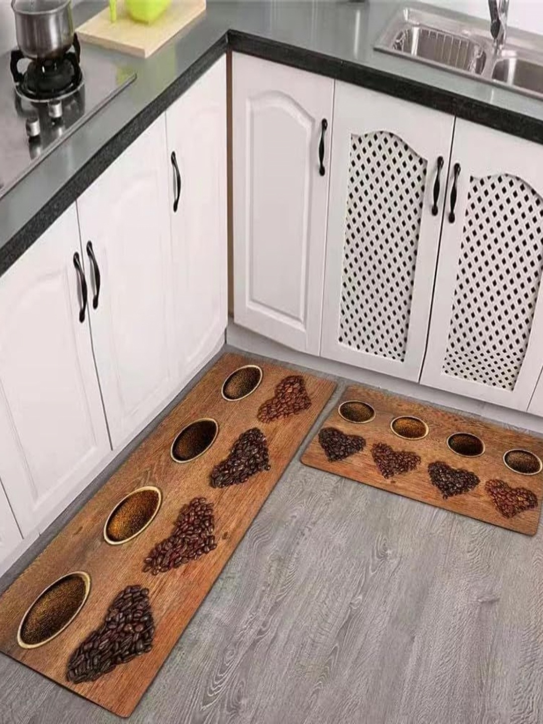 

HomeCloud Brown & Coffee Brown 2 Pieces Printed Anti-Skid Kitchen Floor Mats