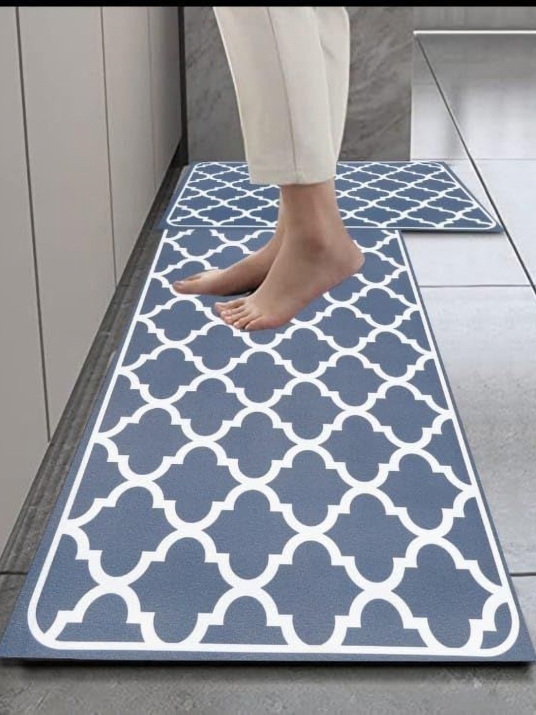 

HomeCloud Blue & White 2 Pieces Geometric Printed Anti-Skid Kitchen Floor Mats