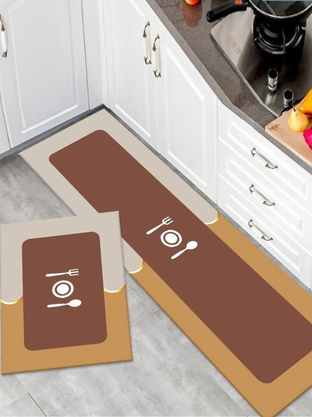 

HomeCloud Brown 2 Pieces Cutlery Printed Anti-Skid Rubber Kitchen Floor Mats