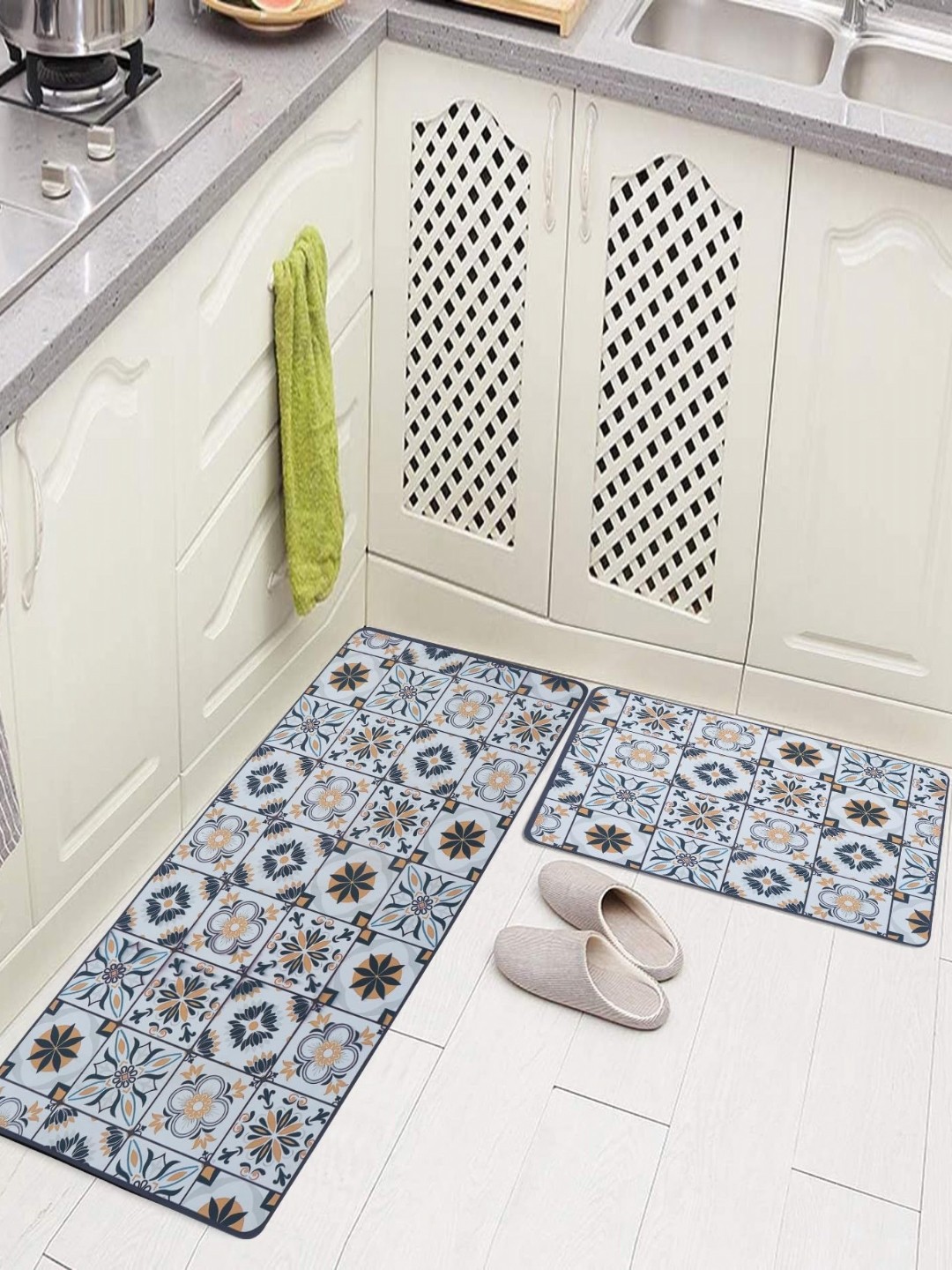 

HomeCloud Grey & Blue 2 Pieces Floral Printed Anti-Skid Kitchen Floor Mats