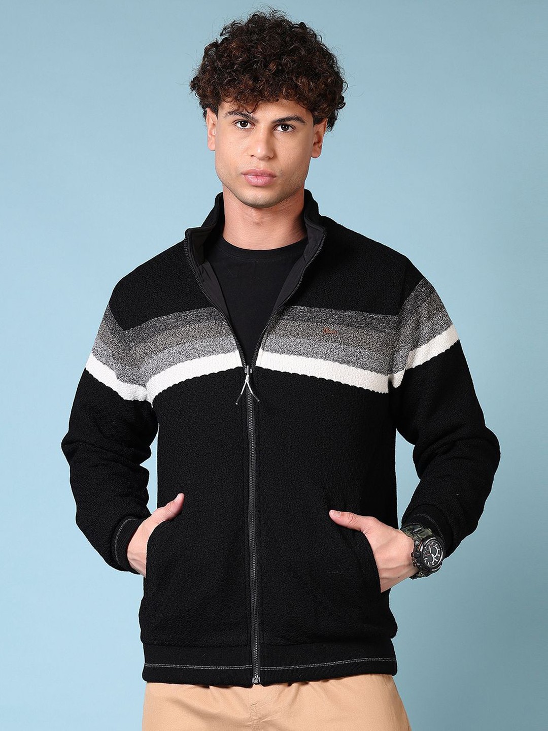 

V-Mart Men Mock Collar Striped Cotton Casual Tailored Reversible Jacket, Black