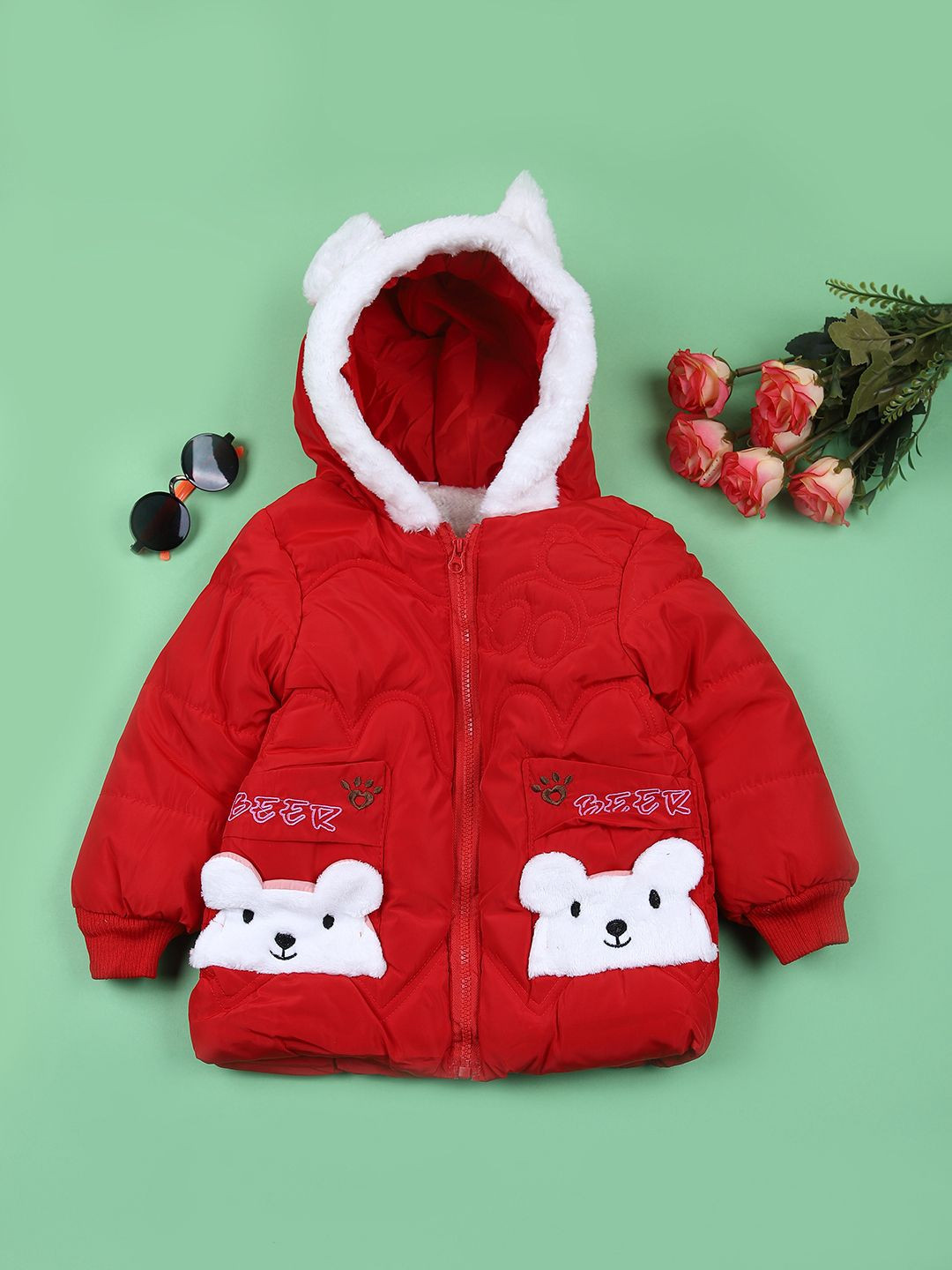 

V-Mart Girls Hooded Solid Cotton Casual Parka Jacket, Red
