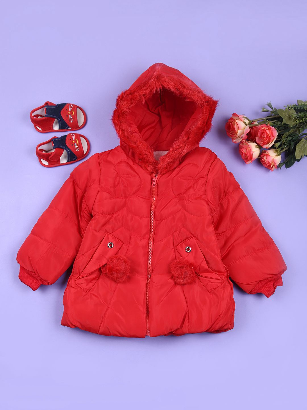 

V-Mart Girls Hooded Solid Cotton Casual Parka Jacket, Red