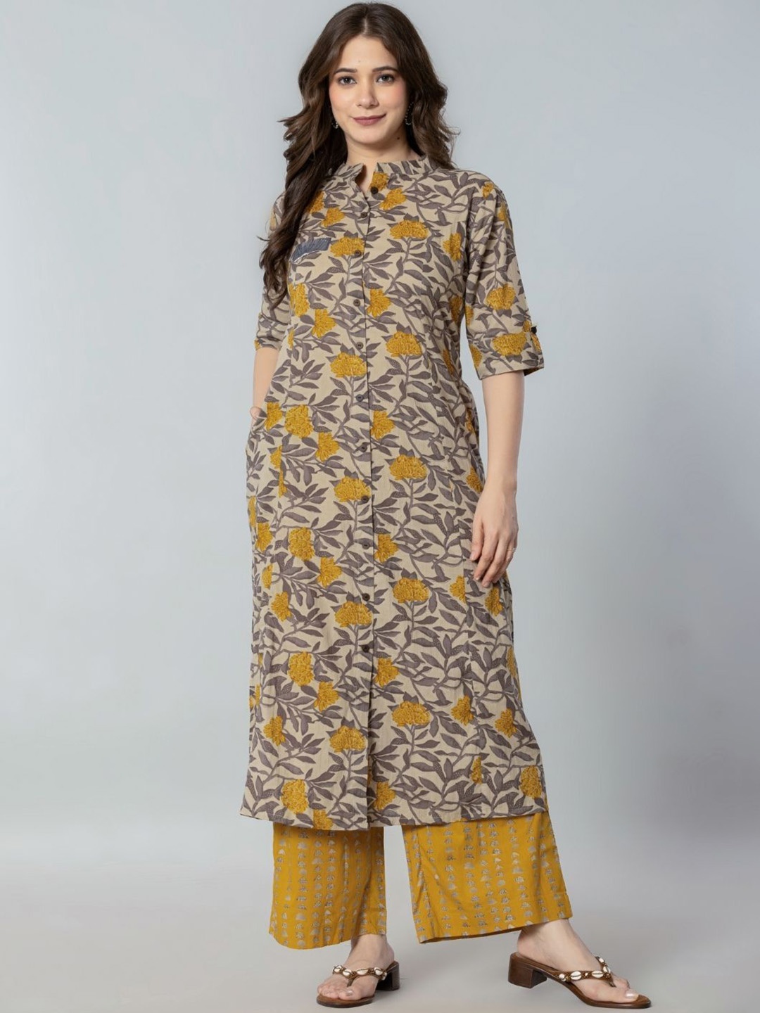 

Rytras Floral Printed Pure Cotton Straight Kurta With Palazzo, Mustard