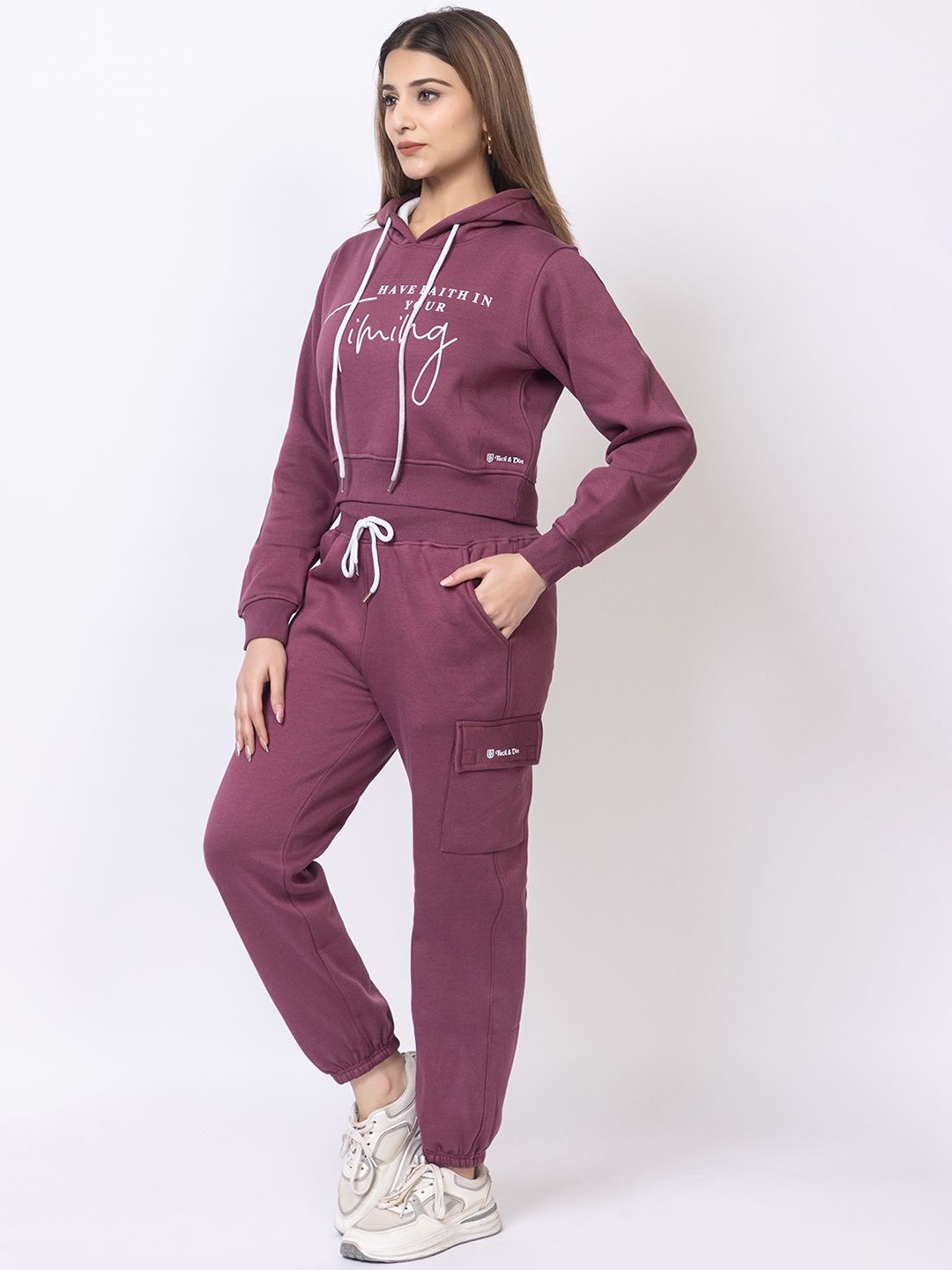 

Cheribell Women Typography Printed Hooded Tracksuit, Purple